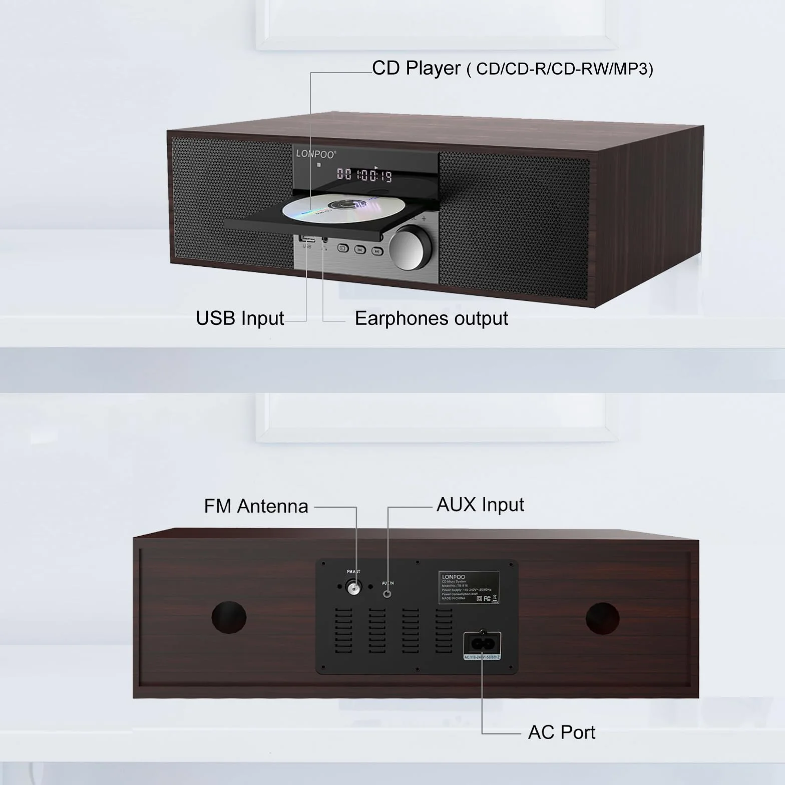 LONPOO Impianto Stereo Casa Micro HiFi Compatto con lettore CD, Bluetooth, radio FM, USB, AUX-in, display LED e pulsante grande, telecomando (LP-816B)