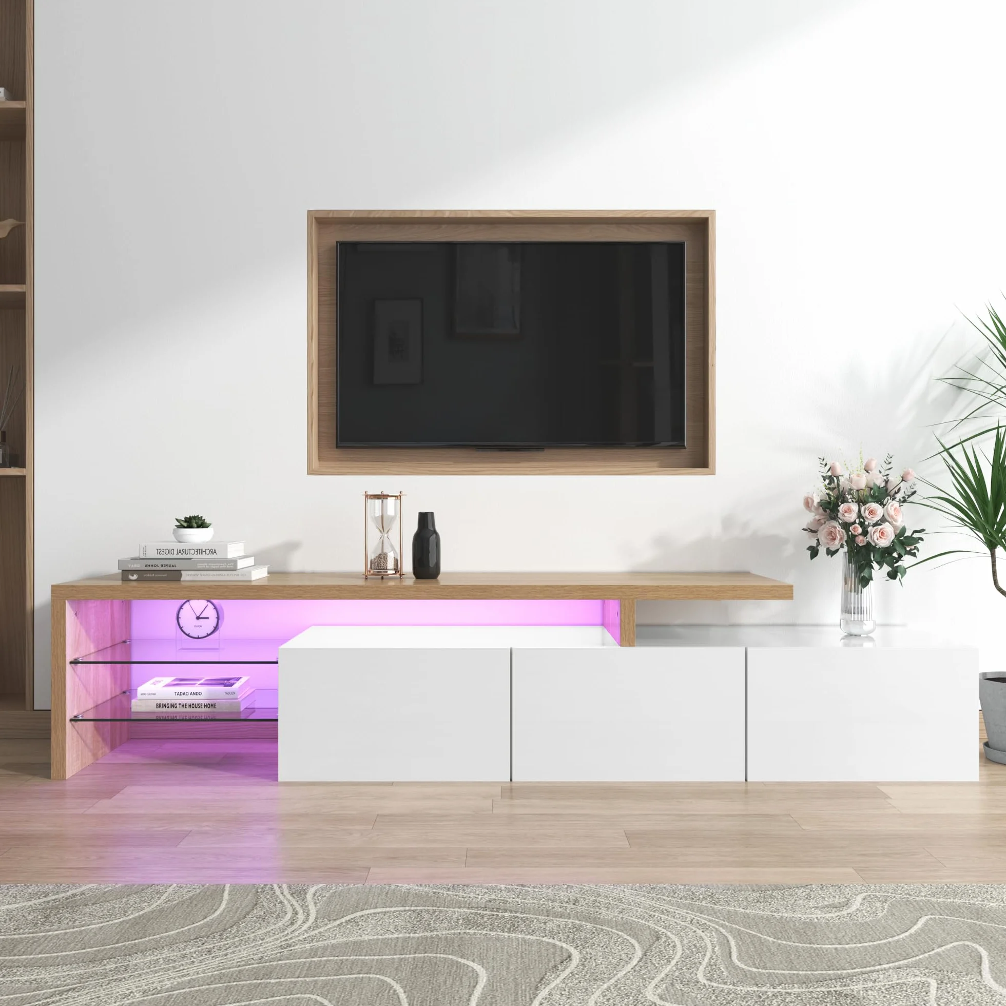 Azkoeesy 200 cm Mobile TV con illuminazione a LED, Bianco lucido, con ripiani in vetro, moderno mobile TV basso per soggiorno (Bianco 200 cm)