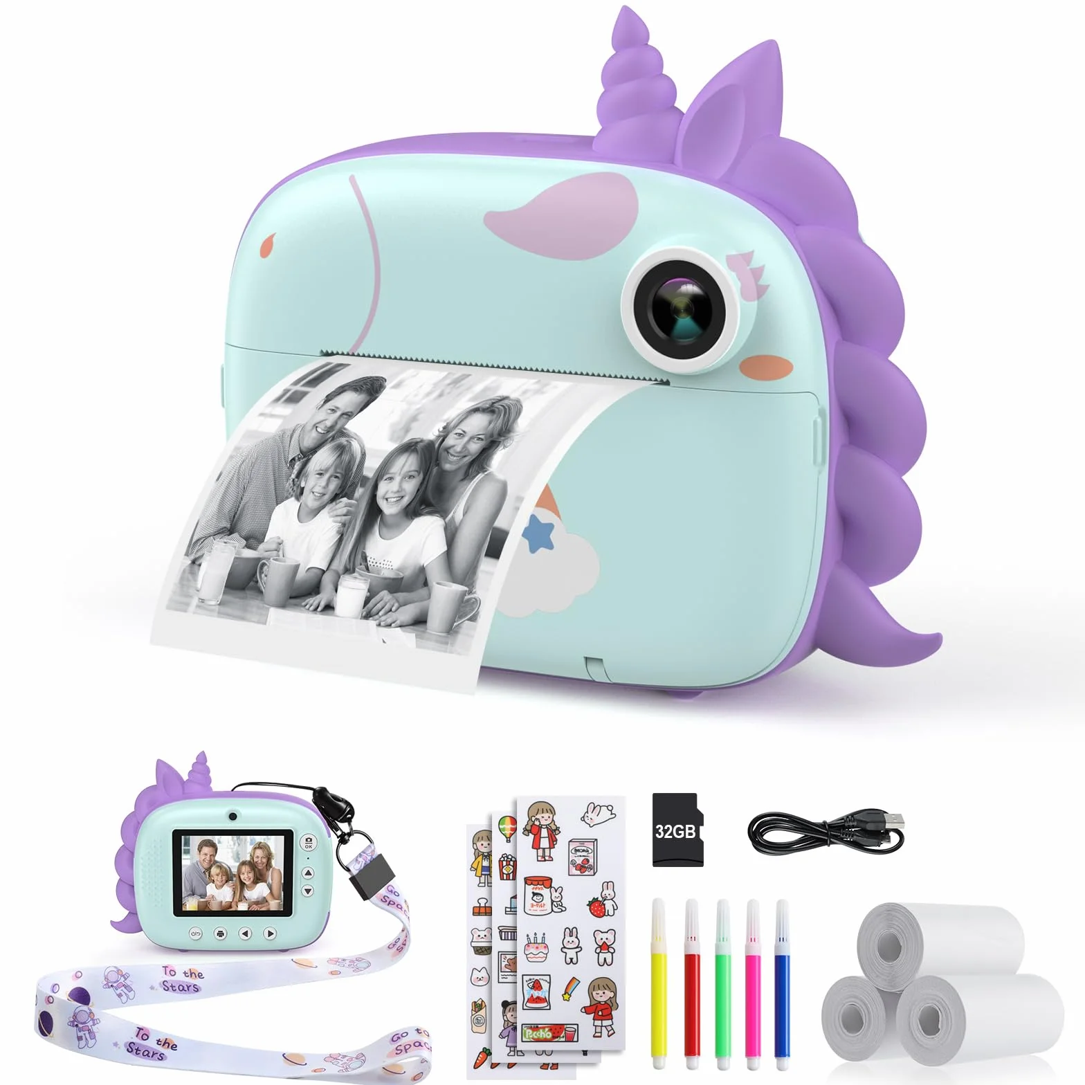 HiMont Fotocamera istantanea per bambini, fotocamera digitale con carta da stampa e scheda TF da 32 G, penne colorate e clip per foto fai da te, regalo per bambini dai 3 ai 14 anni (verde)