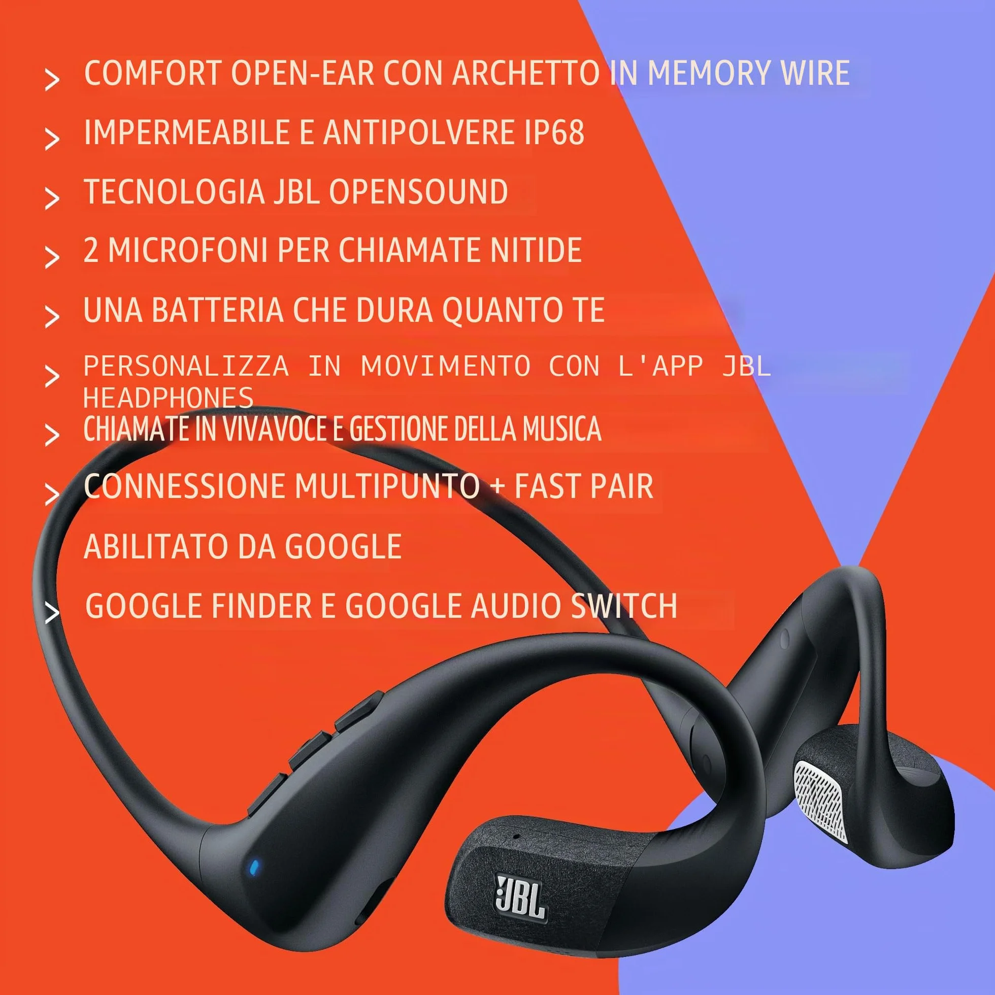 JBL Endurance Pace Cuffie Sportive Open-Ear con Bluetooth, Autonomia di 10 Ore, Archetto in Titanio Ultraleggero, Resistenza a Polvere e Acqua IP68, Tecnologia JBL OpenSound, Grigio/Nero
