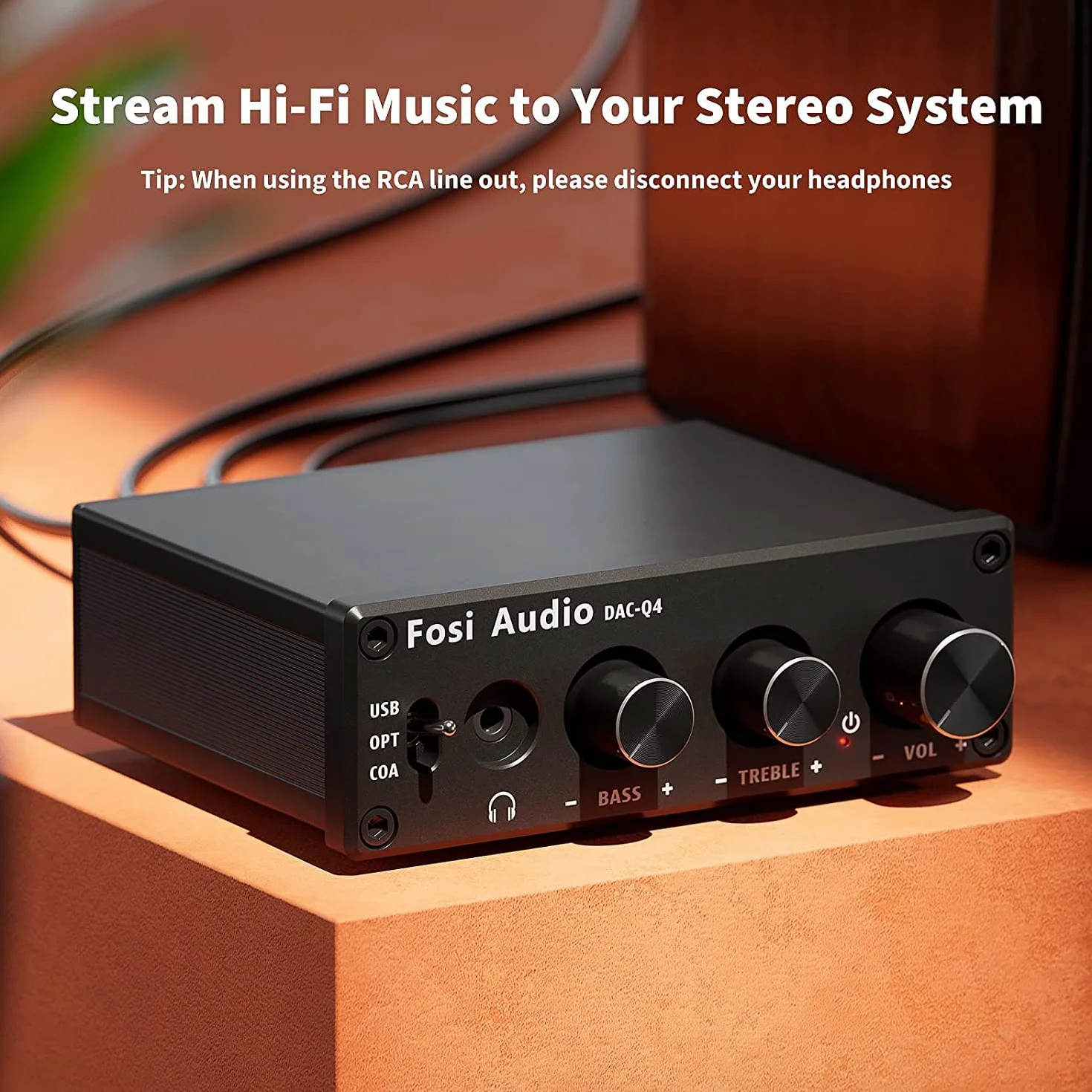 Fosi Audio Q4 DAC Amplificatore per Cuffie, Mini DAC USB C Hi-Res 32bit/768kHz, Uscita 3,5mm RCA, Ingresso Ottico Coassiale, per PC Home Theatre