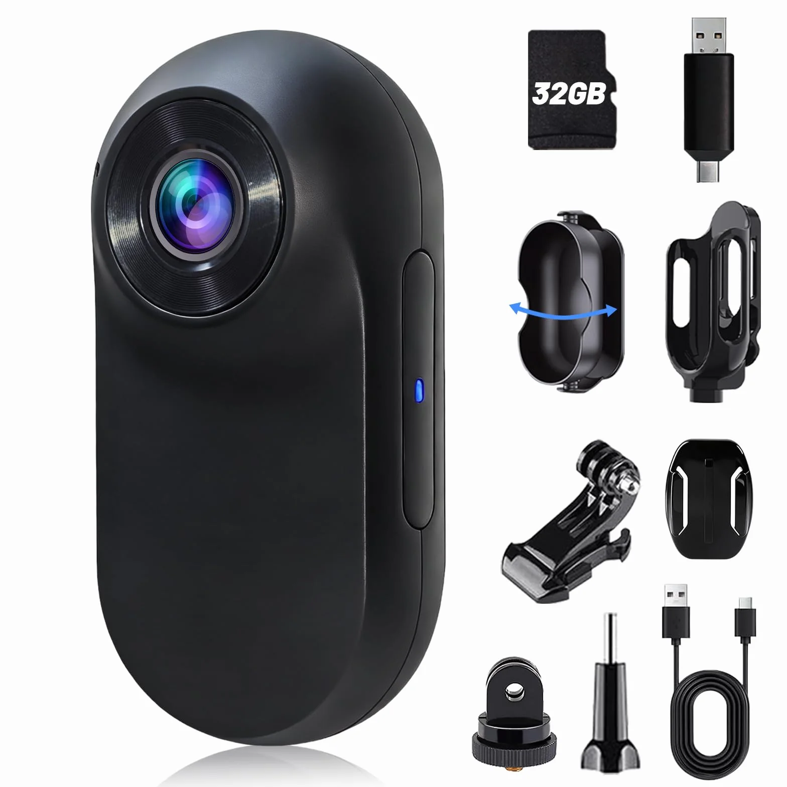 Mini Action Cam Portatile, Body Cam Ultraleggera, POV Camera con Memoria Integrata 32GB, Bodycam Multifunzionale Ideale per Viaggi, Ciclismo ed Escursioni Outdoor(Blu Marino)