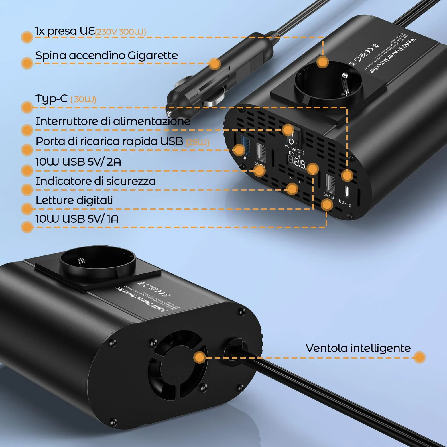 300W inverter 12v 220v, inverter auto con 1 presa, tipo C 30W, ricarica rapida USB 25W, 3 porte USB, display LED