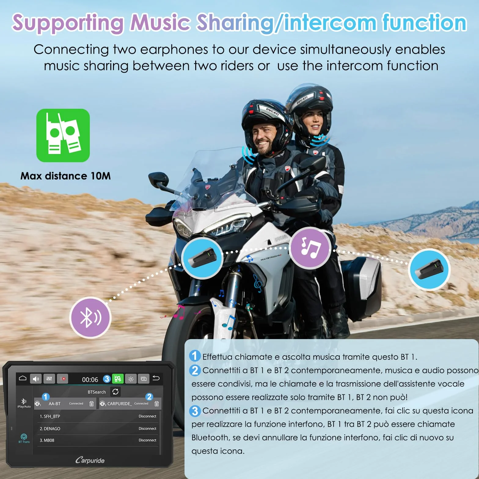 CARPURIDE W702S Pro Moto Carplay Schermo con BM05 Supporto per Plug-and-Play, Senza Fili CarPlay e Android Auto, 7" Impermeabile Touchscreen, Doppio Bluetooth, Cablato Controller, Bussola.