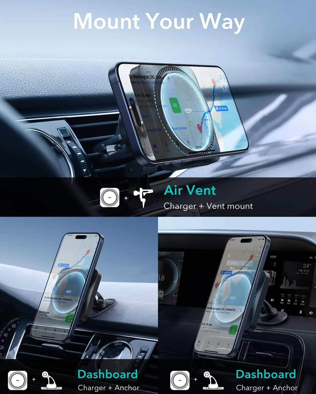 ESR HaloLock Caricatore Wireless per Auto con CryoBoost, Compatibile con iPhone 17/17e/16/15/14/13/12, S26/S25, MagSafe e Le Custodie Magnetiche, Ricarica Veloce, Ventola di Raffreddamento, Nero Opaco