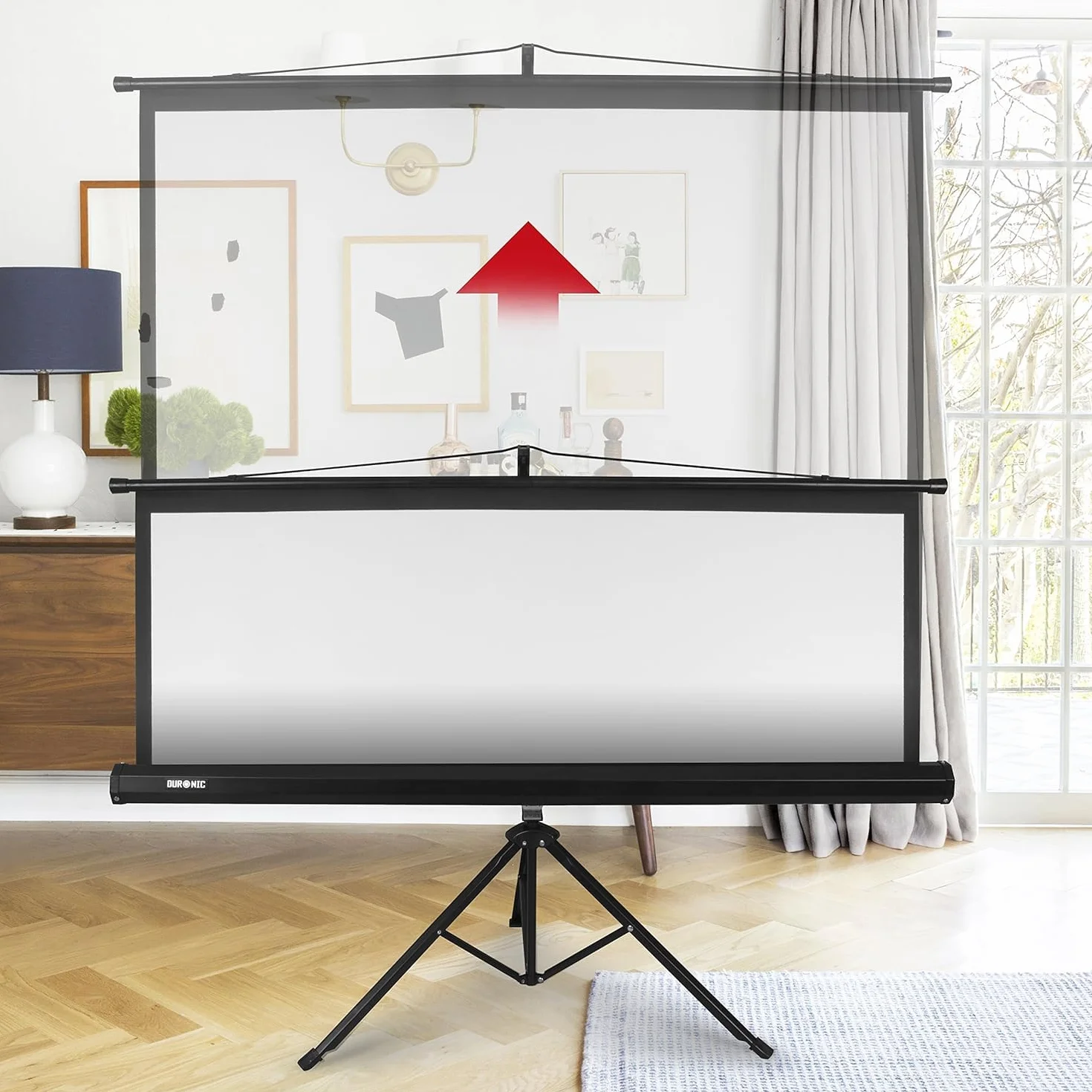 Duronic TPS75 16/9 schermo di proiezione opaco, per case, uffici, scuole, teatri e cinema, con treppiede| Schermo da 75” – area proiettata 166 x 93| Montabile a parete o a soffitto