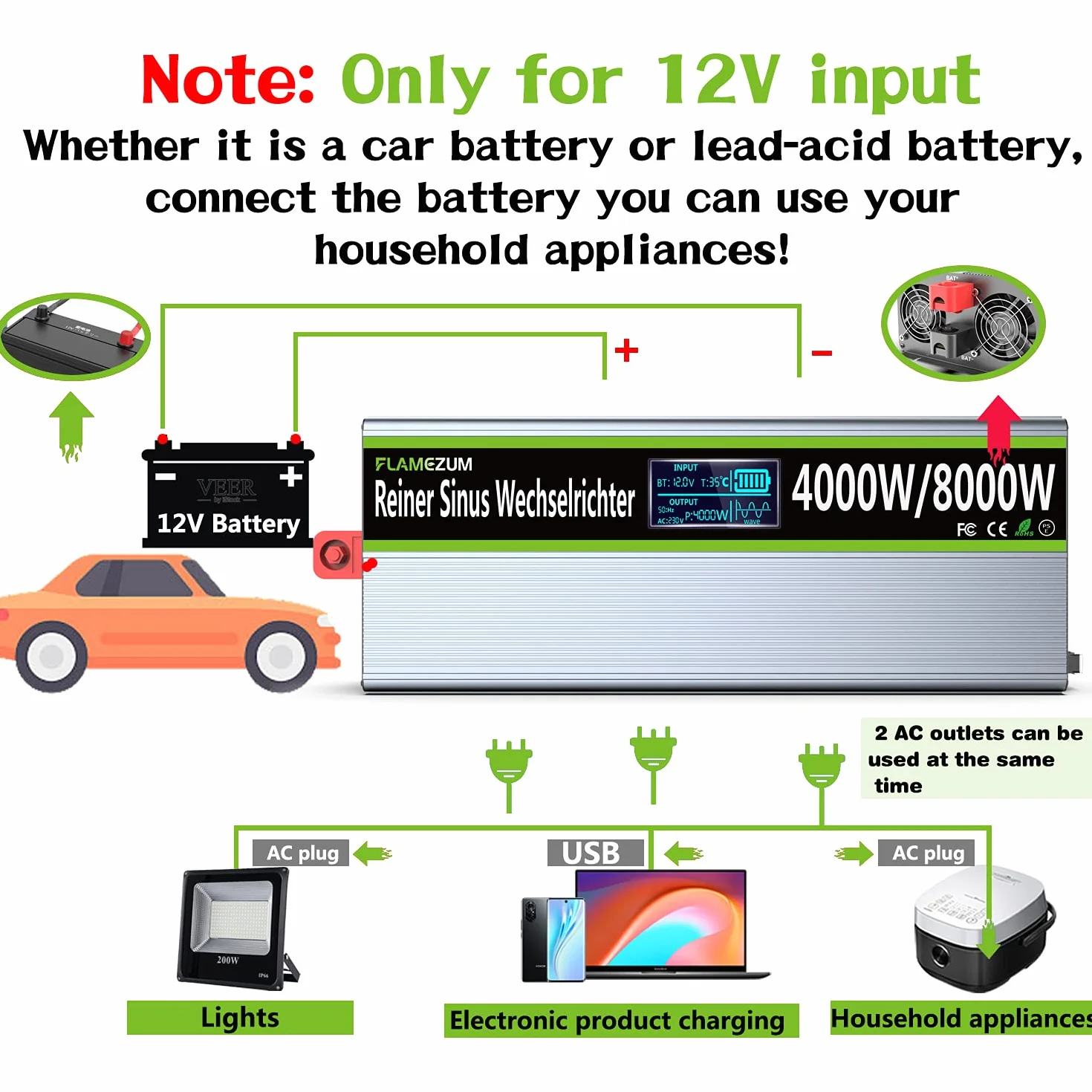 4000W/8000W Power Inverter 12v 220v Onda Pura Transformatore di Tension Convertitore Invertitore di Tensione-2 EU Presa con Uscita USB Telecomando Adatto per frigoriferi,Elettrosega