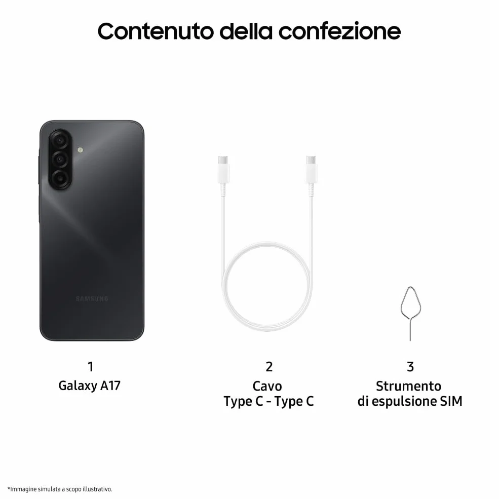 Samsung Galaxy A17, 3 anni di Garanzia del produttore, Android 15, Display Super AMOLED 6.7", 4GB RAM, 128GB, Batteria 5.000 mAh, Resistenza IP54, Memoria espandibile, Black [Versione Italiana]