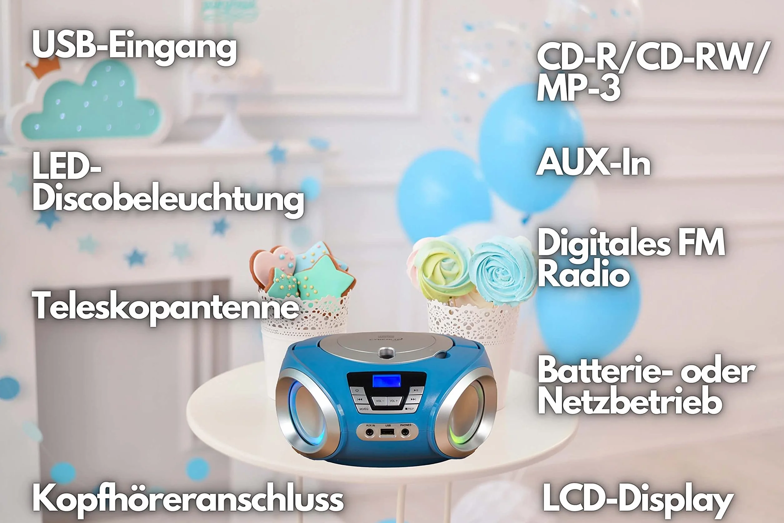 Lettore CD Portatile Con Illuminazione a LED, Radio Stereo FM, USB, MP3, Ingresso Cuffie e Aux In - Impianto Stereo Per Bambini