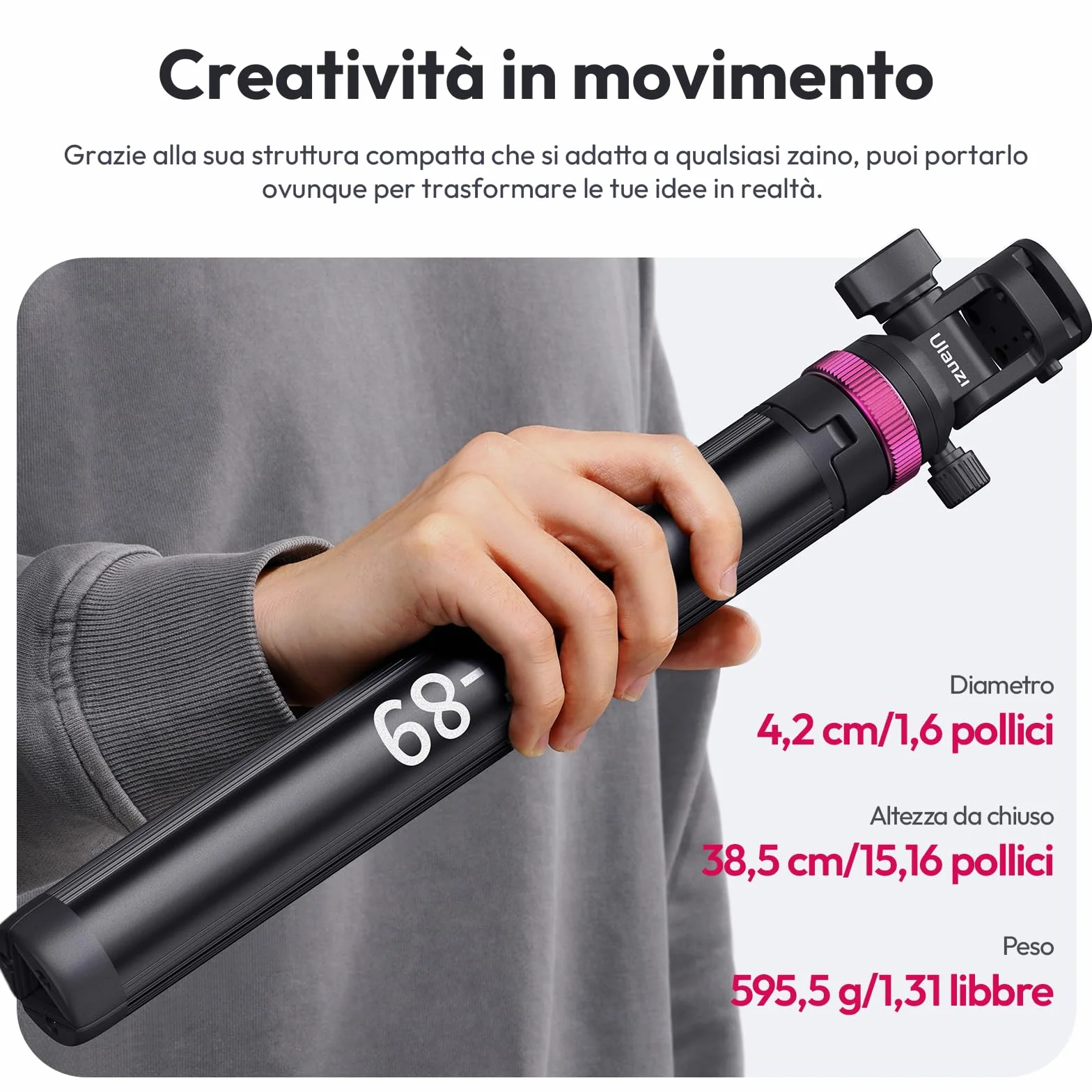 ULANZI MT-89 stativo fotografico compatto da 208,3 cm con vite da 1/4" a sgancio rapido, capacità di carico 1kg, treppiede estensibile regolabile in alluminio, con testa a sfera a 360°