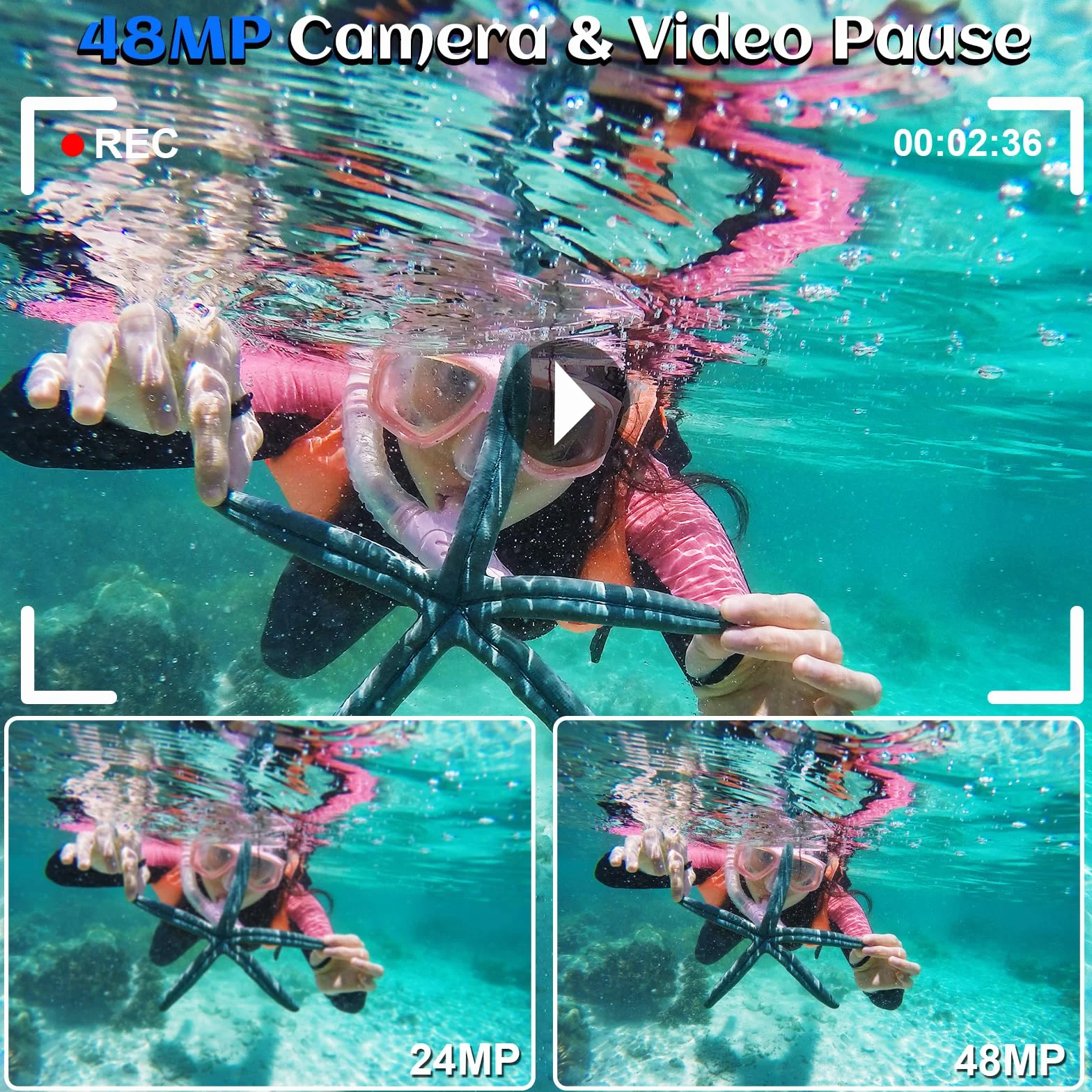 Fotocamera subacquea, 4K 48 MP, fotocamera impermeabile per snorkeling, fotocamera digitale a doppio schermo con messa a fuoco automatica con scheda da 32 GB, zoom 18x, fotocamera compatta