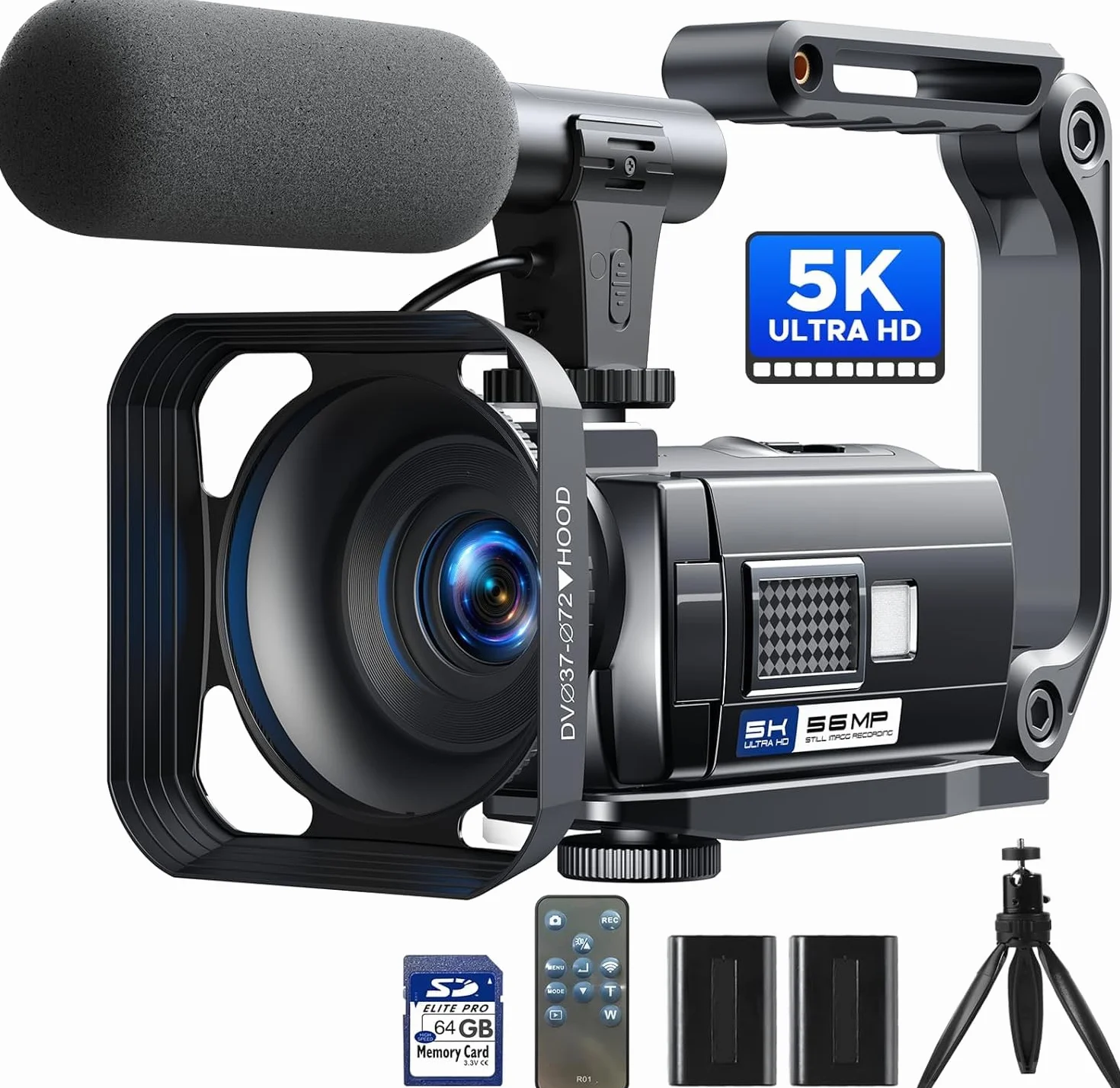 Camcorder 5K 56MP Videocamera YouTube Kit Completo, Visione Notturna WiFi Webcam, zoom digitale 16X, Schermo Tattile 3" 270°, Camera Vlog con scheda SD da 64GB, Treppiede, Microfono, 2 Batterie