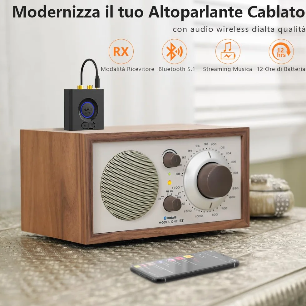 1Mii Ricevitore Bluetooth HiFi, Adattatore Audio Bluetooth 5.1 RCA/AUX 3,5mm Jack con Batteria da 12 Ore, con Modalità Bassi, Bassa Latenza per Impianto Stereo, Amplificatore, Casse Attive- ML200
