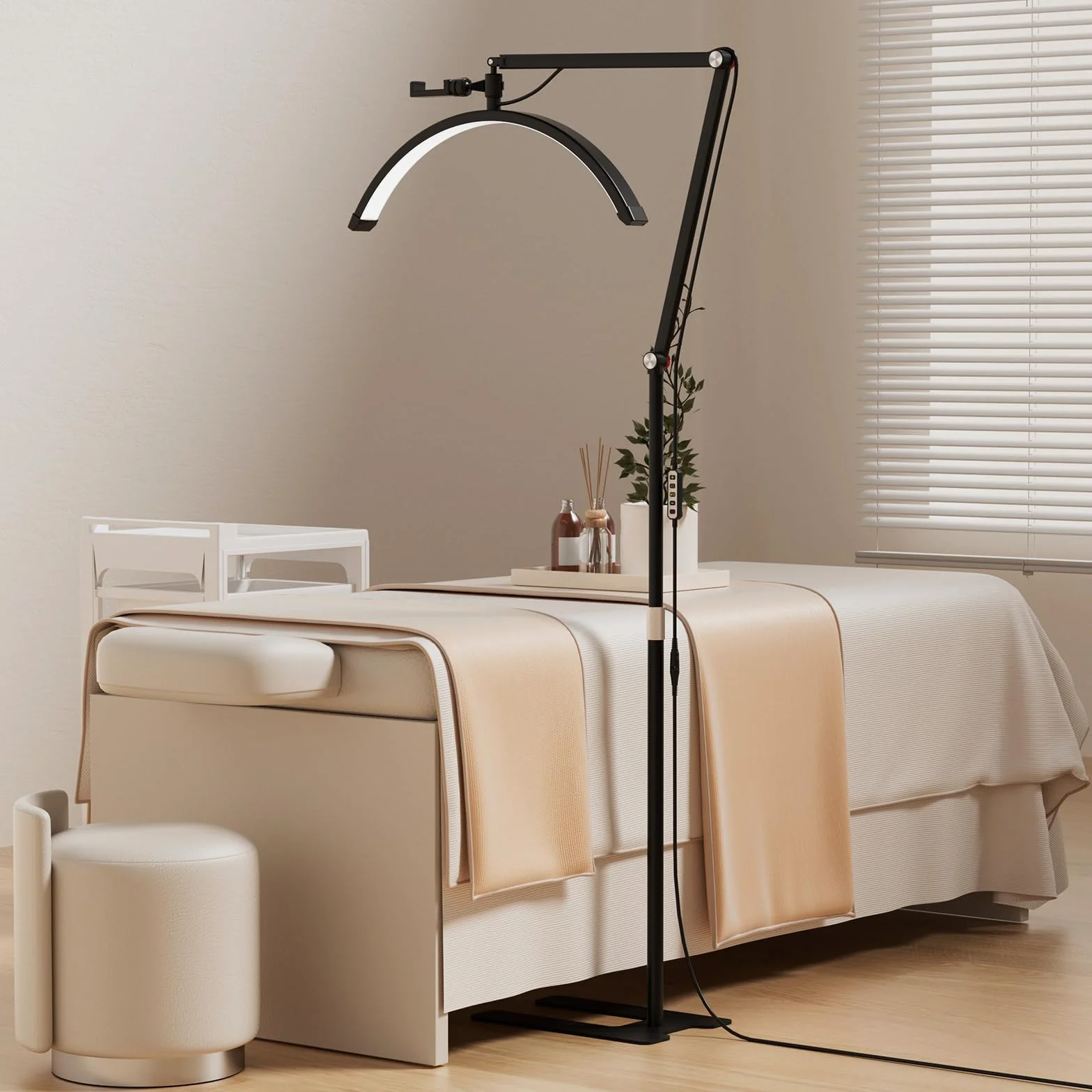 Andoer Lampada per ciglia a mezzaluna, 3200-5600 K, dimmabile, pavimento con supporto luminoso e telefonico, telecomando per trucco, estensioni ciglia, fotografia