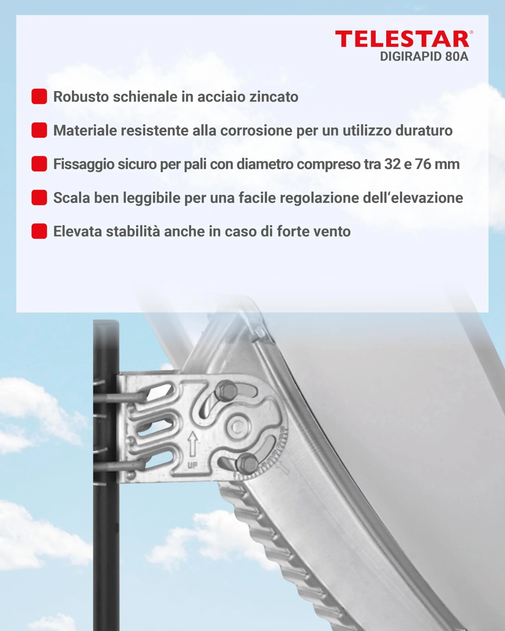 TELESTAR DIGIRAPID 80 A V2 – Parabola satellitare (80 cm, alluminio, braccio di supporto stabile e di alta qualità) – Grigio chiaro