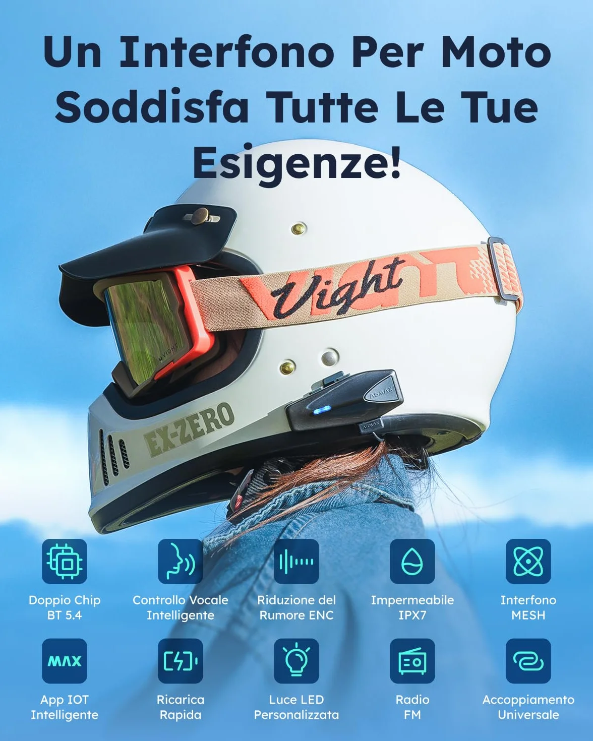 ASMAX S1 Interfono Moto, Comunicazione Bluetooth con Controllo Vocale, Interfono Mesh per 8 Piloti, Ricarica Rapida/Universale/Cancellazione del Rumore/IP67 Impermeabile, Singolo