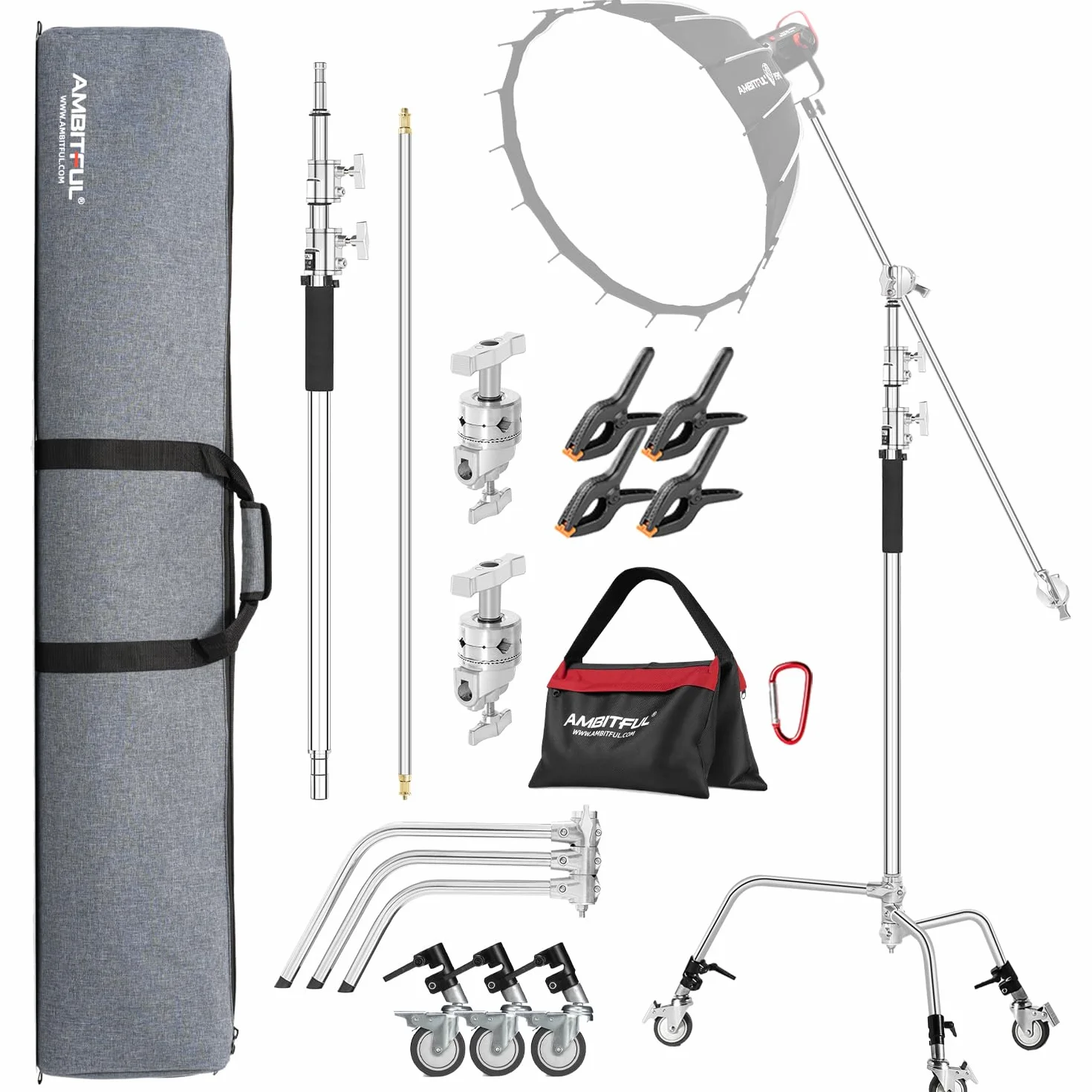 AMBITFUL Stainless Steel Heavy Duty C Stand, 150-320 cm, regolabile con ruote per riflettori, softbox, monolight, braccio resistente (AMBITFUL C-STAND KIT + BAG + WHEELS)
