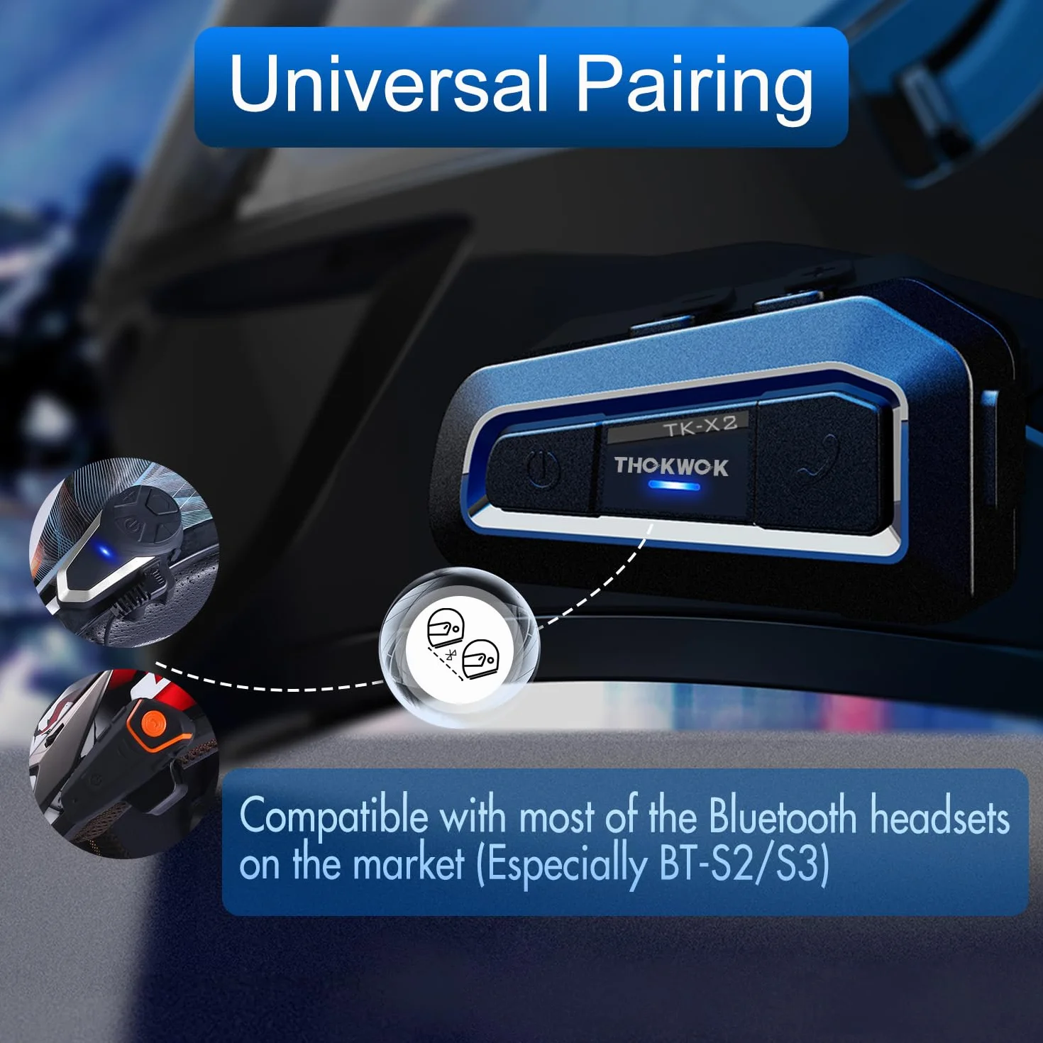 Interfono Moto Bluetooth Coppia, 2x TK-X2 Auricolari per Casco Moto 3 Motociclisti, Cuffie per motociclo 1000M Sistema di Comunicazione con Suono Stereo Hi-Fi/Radio FM, per Motoslitta/ATV
