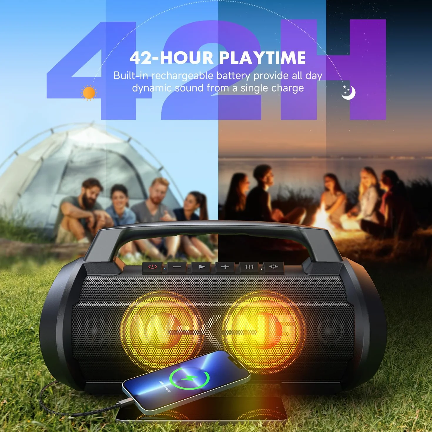 W-KING Cassa Bluetooth Portatile, 120W Peak Altoparlante Bluetooth Loud Subwoofer Suono Stereo con Luce LED, IPX6, DSP, 42H, MIC in, Banca di Potenza, Wireless Cassa per Esterno, Feste, Spiaggia,Regal
