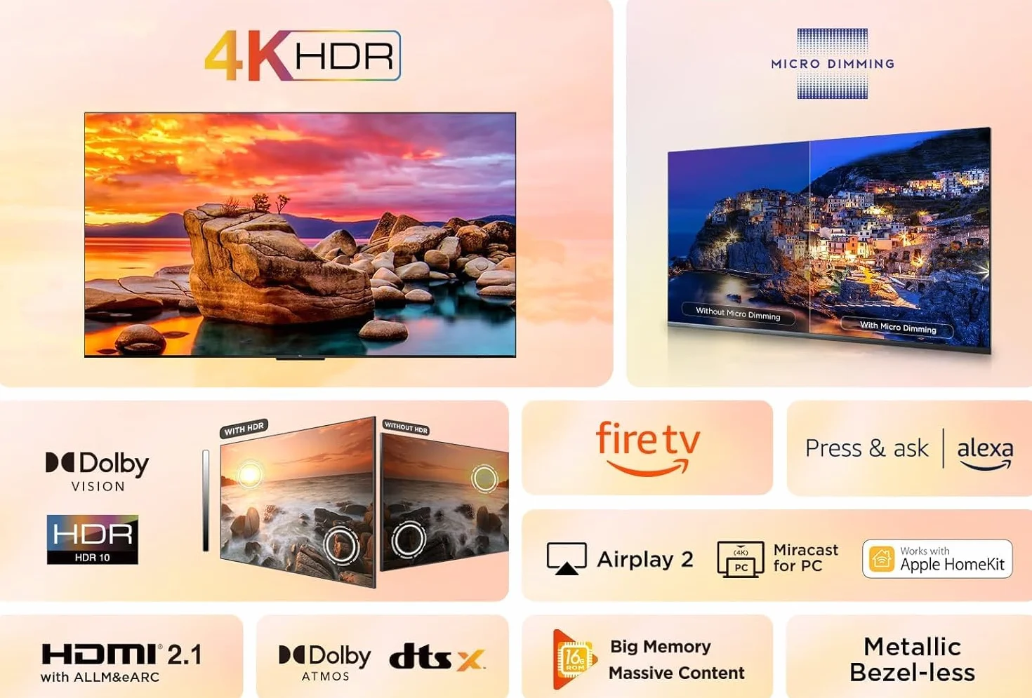 TCL - 50PF650 50 Pollici TV 4K Ultra HD, Smart LED e Fire TV (Dolby Vision, Dolby Atmos, DTS, HDR 10, Alexa integrato, Airplay2, Miracast)