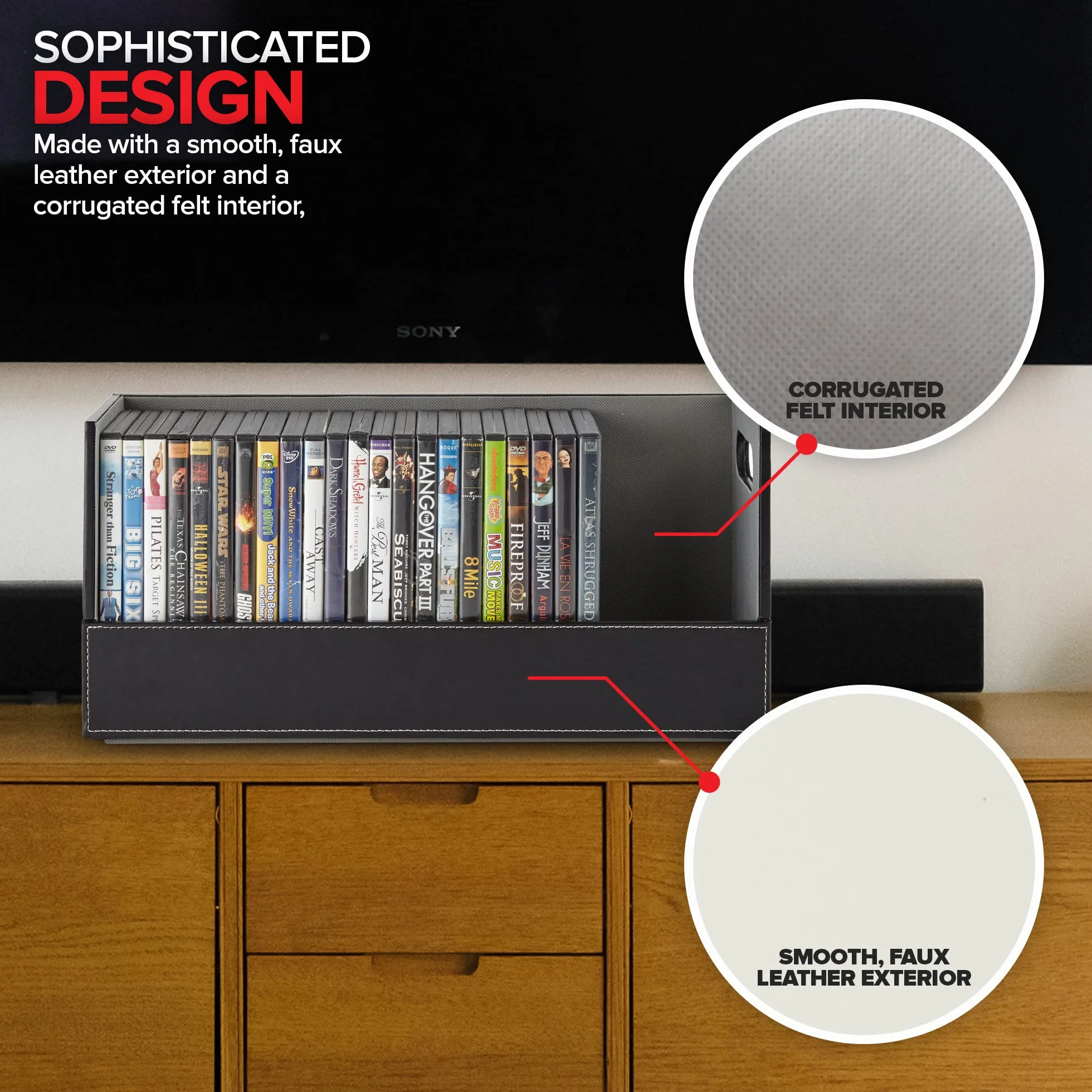Stock Your Home Scatola portaoggetti per DVD, organizer per Blu-Ray, custodie per videogiochi, CD, supporto per nastri VHS, supporto per dischi può contenere fino a 28 DVD, in ecopelle (nero)