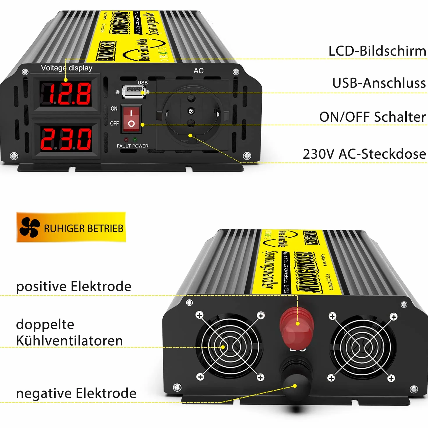 1500W/3000W Pura Sinusoidale Inverter a Onda Sinusoidale Pura da 12V a 230V Convertitore di Tensione a Onda Sinusoidale Pura, per Camper, Camion, Con Porte di Ricarica USB Integrate 5V/2.1A