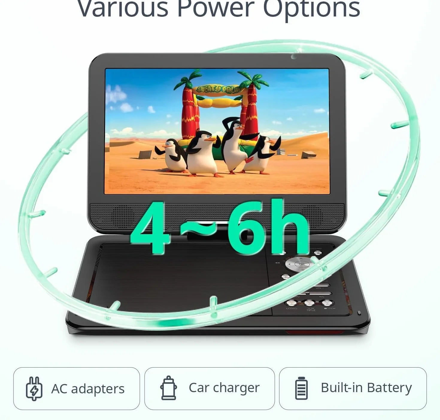 YOTON Lettore DVD portatile da 12,5 pollici con schermo girevole HD da 10,5 pollici per auto e bambini, batteria integrata, auricolare/AV-IN/AV-OUT/USB/scheda SD/TV Sync e formati VCD/MPG/JEPG (non