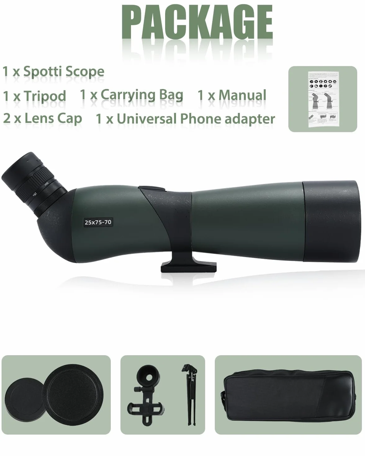 25-75x70 Cannocchiale con Treppiede, Borsa per il Trasporto e Adattatore per Smartphone - Cannocchiale Monoculare Impermeabile per Birdwatching, Tiro a segno, Tiro con Arco, Caccia