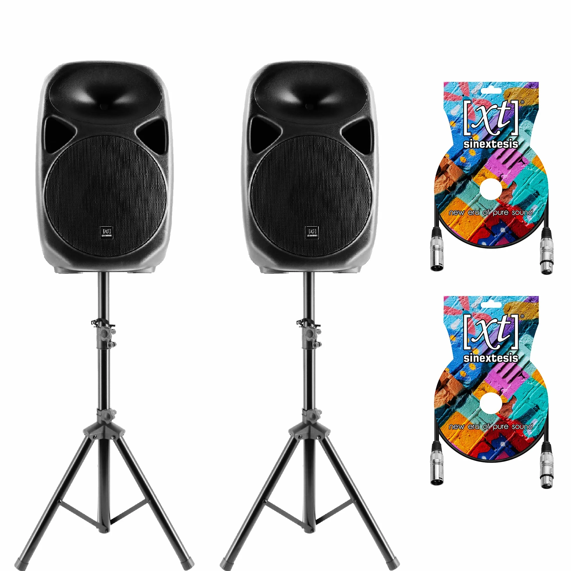 Impianto Audio Acustico 500W Altoparlanti Casse Attive Amplificate Woofer 10" Aste Stativi Cavi XLR 5m