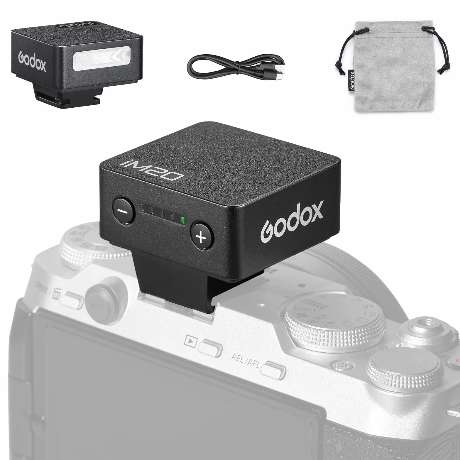 GODOX iM20 - Mini flash per fotocamera, 5 livelli di potenza, 6000 K ± 200 K 440 Flash Full-Power Godox im20 Mini Flash per Canon Sony Nikon Fuji Olympus