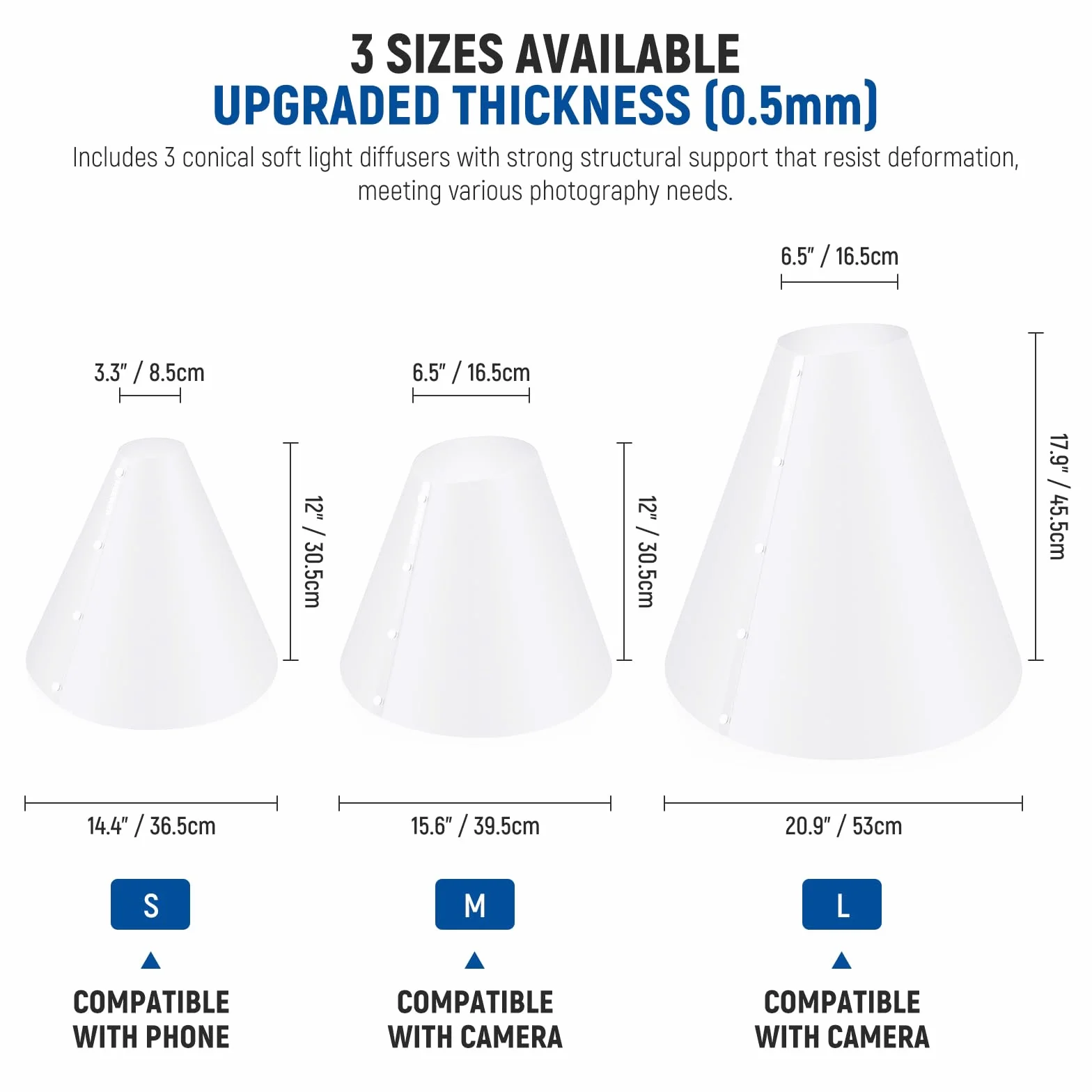 NEEWER Set Diffusore Luce Conico (3pz, 14"/15"/20"), Riflettore per Illuminazione Flash Migliorato Spessito 0,5mm, Alternativa a Light Box per Foto Prodotti Gioielleria, Senza Ombra e Riflesso, NK006