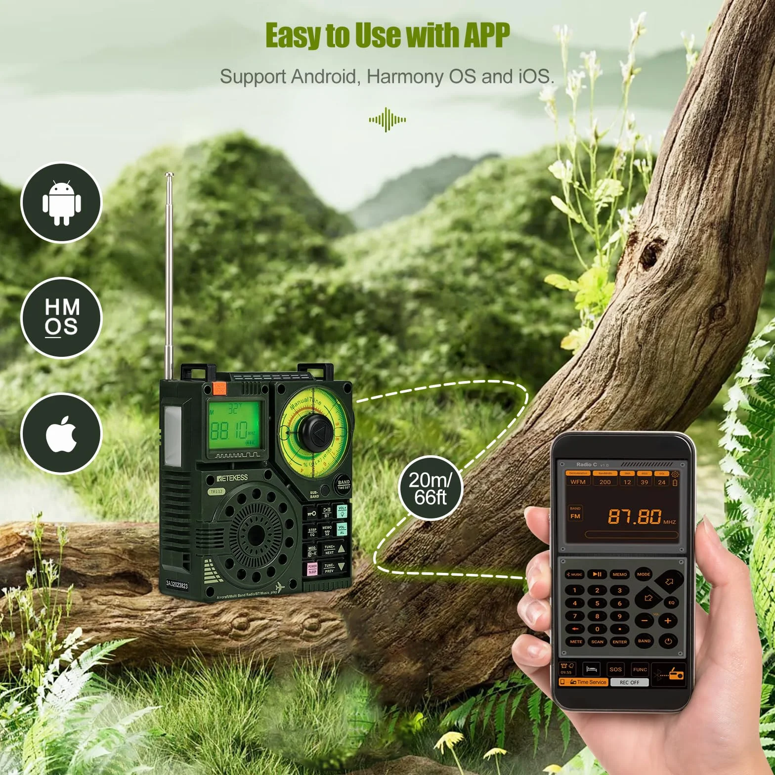 Retekess TR112 Radio Multiband Bande,FM VHF MW SW WB AIR Radio,Basse Stereo SOS Avviso,Controllo Telecomando per Applicazioni Intelligenti,MP3/TF,Campeggio,Pesca(Verde)