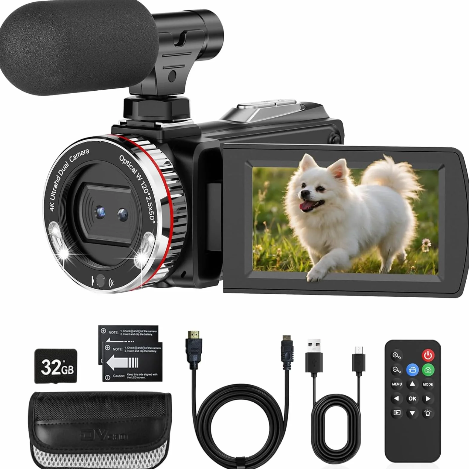 Videocamera 4K 48MP Camcorder per YouTube, 21X Zoom Digitale Videocamere, Schermo Rotante 270° 3" Vlog Camera, Video Camera con Cavo HDMI, Microfono, Telecomando, 2 Batterie (32GB Videocamera)