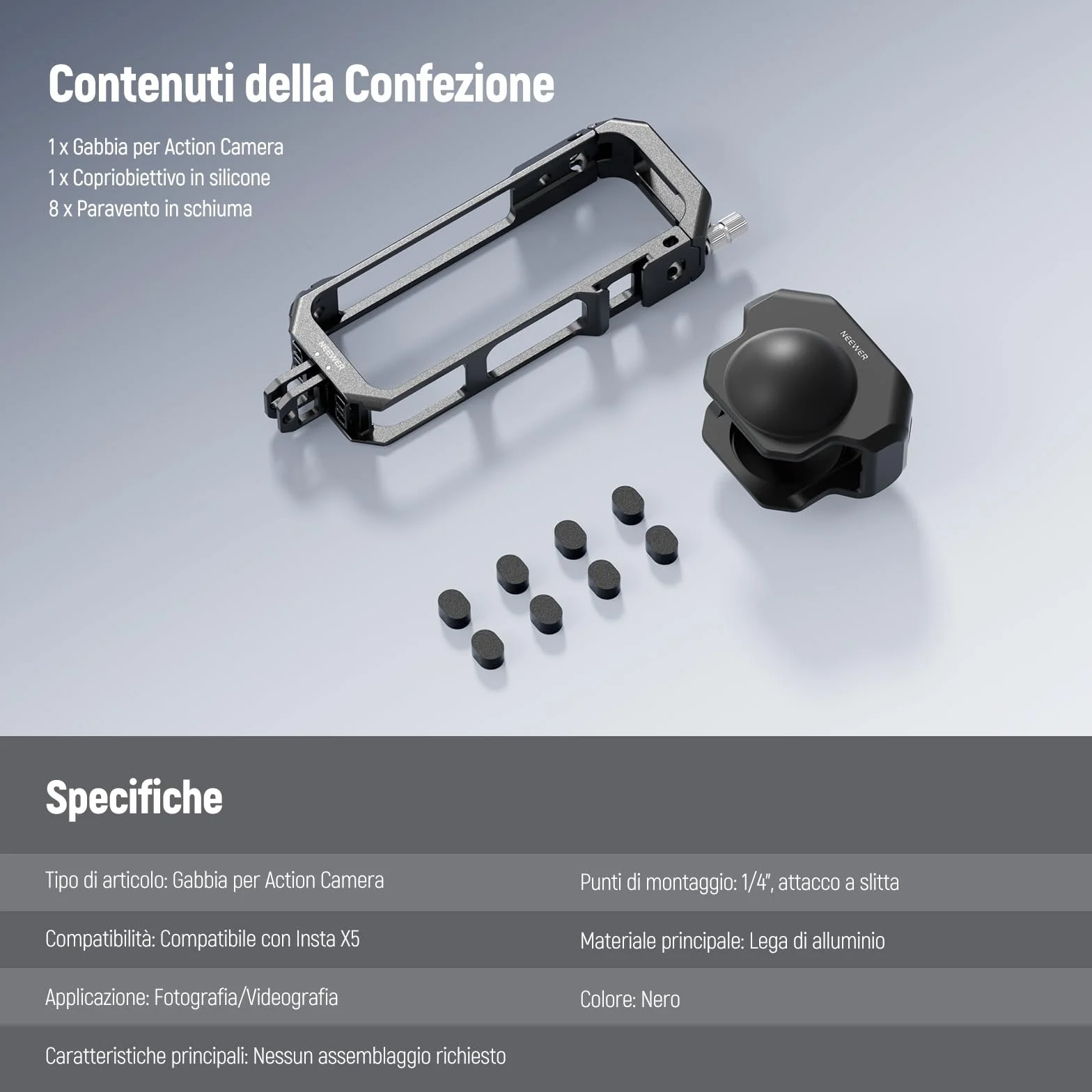 NEEWER Gabbia Fotografica per Insta360 X5, Custodia Protettiva, Telaio Lega Alluminio per Video Rig con Sgancio Rapido, Adattatore Montaggio, Filettature 1/4", Paraluce, Accessori per Action Camera