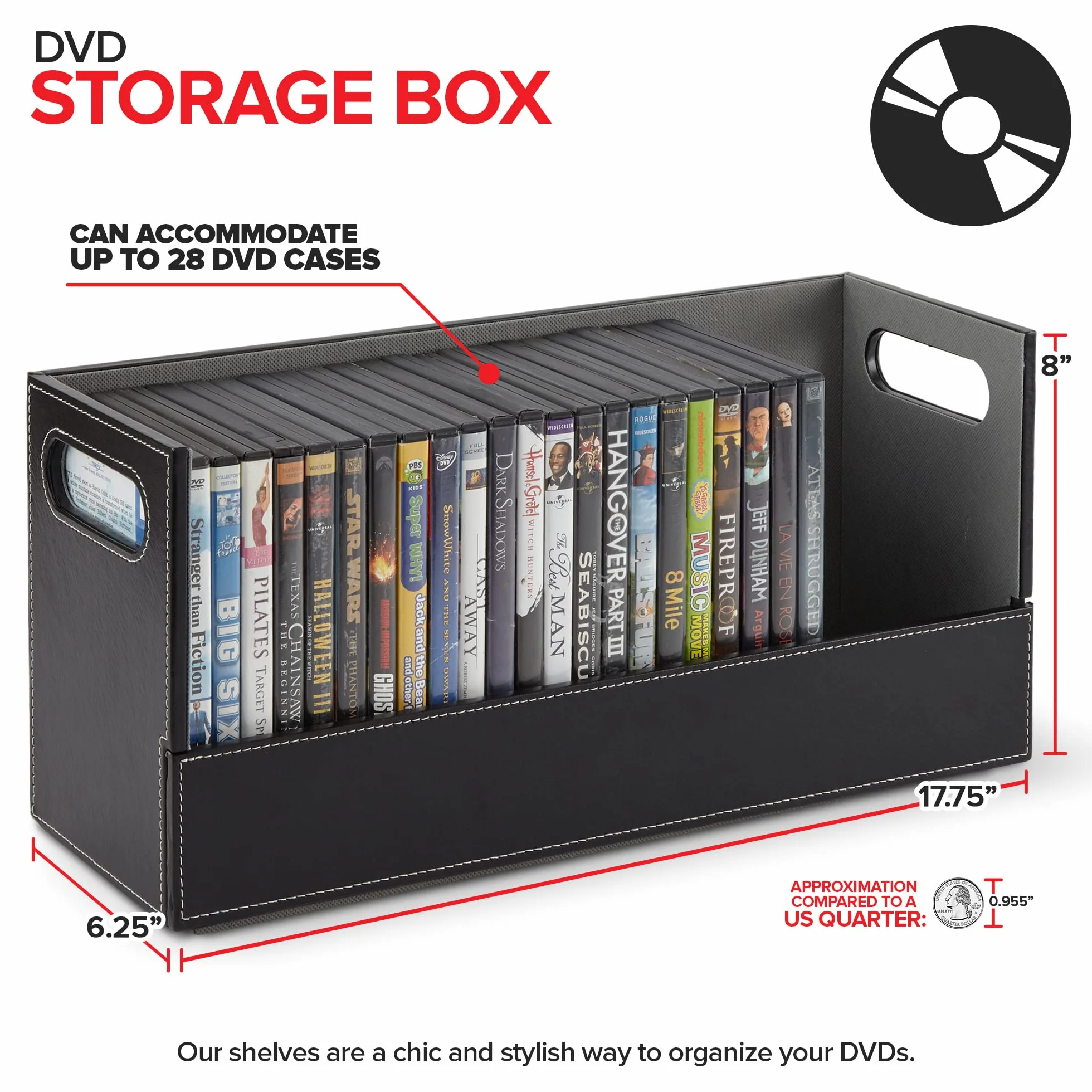 Stock Your Home Scatola portaoggetti per DVD, organizer per Blu-Ray, custodie per videogiochi, CD, supporto per nastri VHS, supporto per dischi può contenere fino a 28 DVD, in ecopelle (nero)