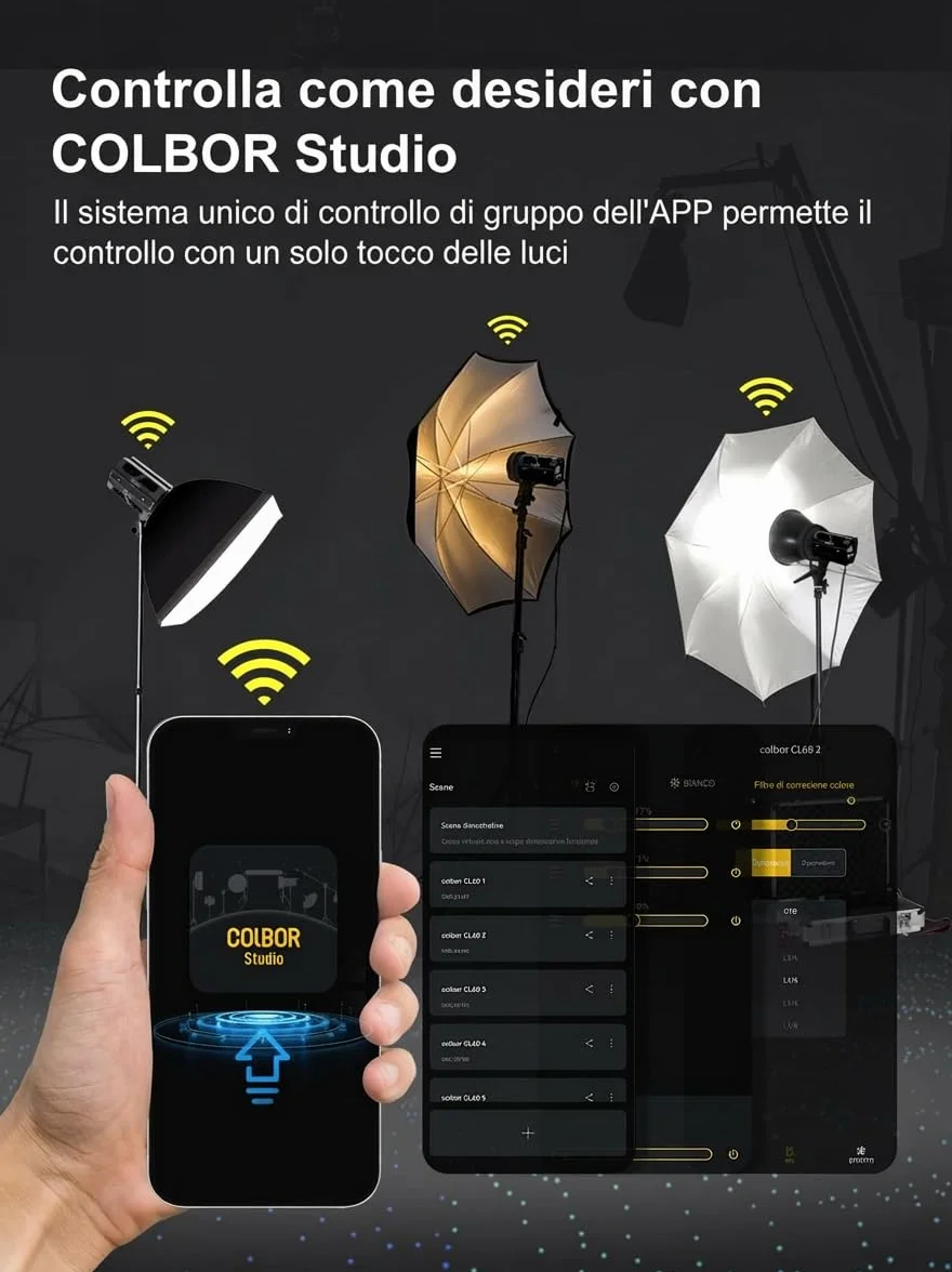 Luce Video, COLBOR CL100X 110W COB Video Light Bicolore 2700K-6500K Illuminazione Continua CRI97+ 10 Effetti di Luce Alluminio LED Lampada con APP Attacco Bowens, Luce-Video-Light-Studio-Monoluci