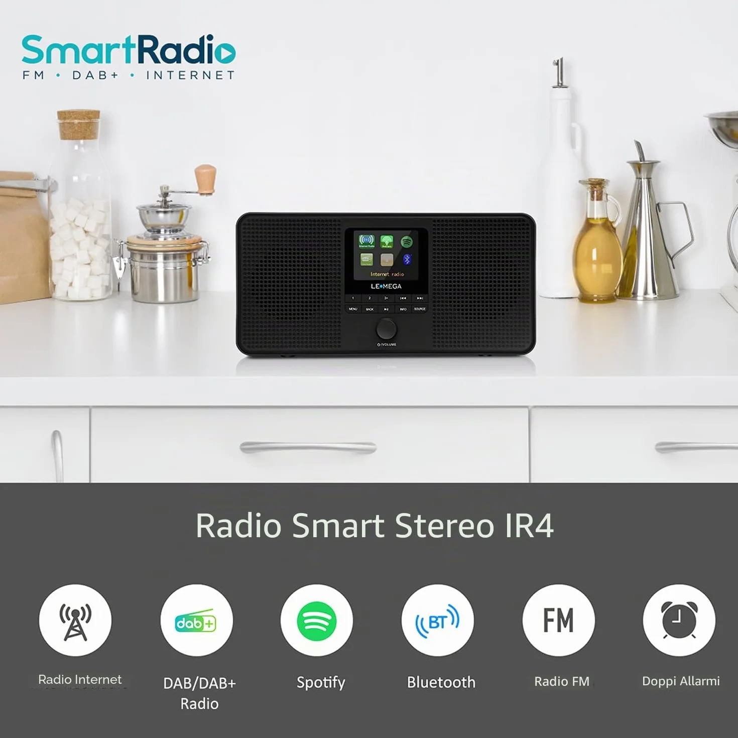 LEMEGA IR4S Radio Internet Stereo WiFi DAB+ FM Bluetooth Altoparlante Sveglia 60 Preimpostazioni Nera