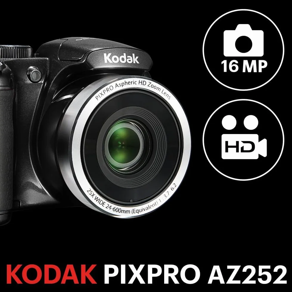 KODAK Pixpro AZ252 - Fotocamera Bridge Digitale 16 Megapixel, Zoom Ottico 25X, Video HD 720p, Obiettivo Grandangolare 24 mm, Stabilizzazione Ottica dell'Immagine, Schermo LCD 3 - Nero