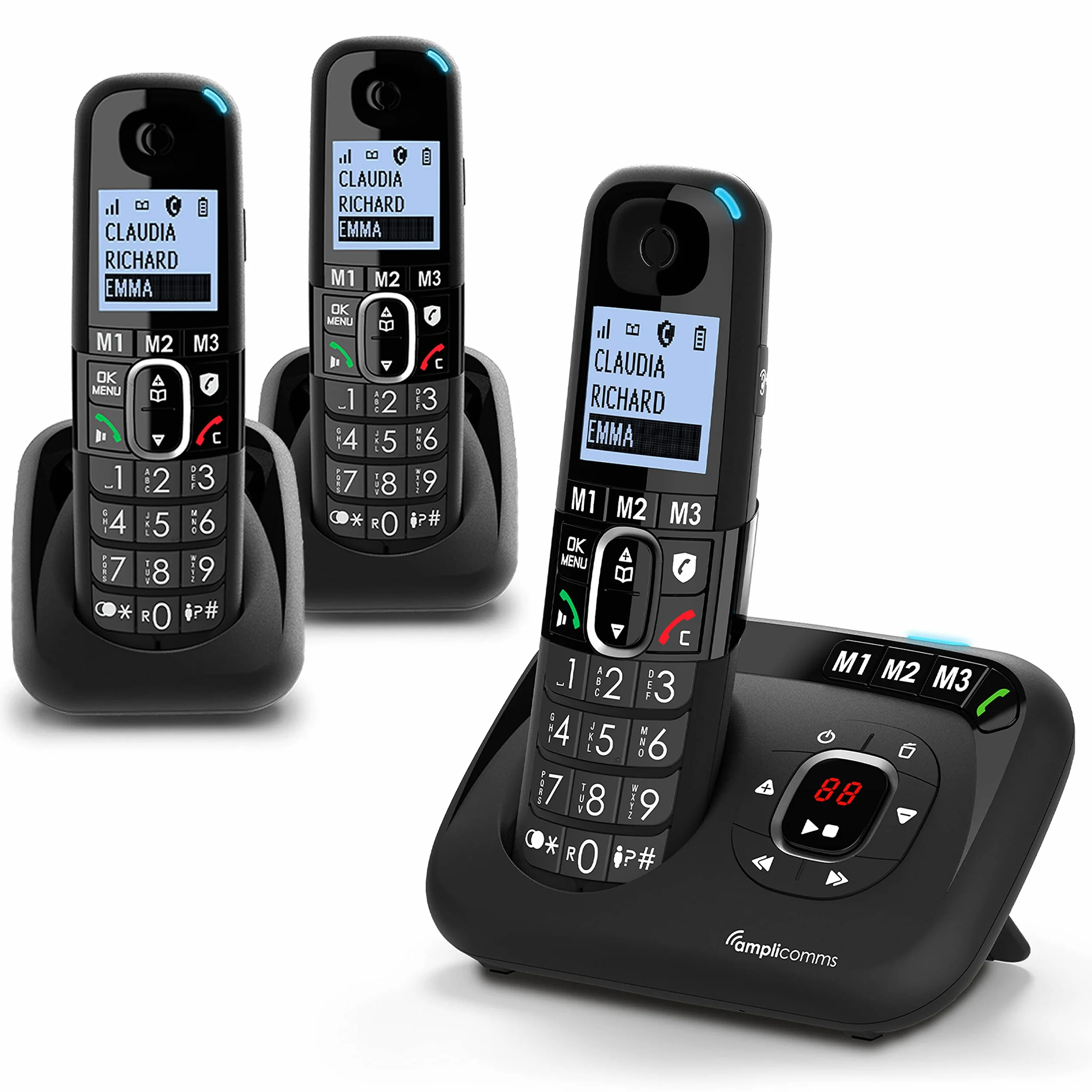 Amplicomms BigTel 1583 Trio Telefono cordless DECT con tastiera grande, amplificazione audio, suonerie forti, segreteria telefonica, compatibile con apparecchi acustici, protezione delle chiamate