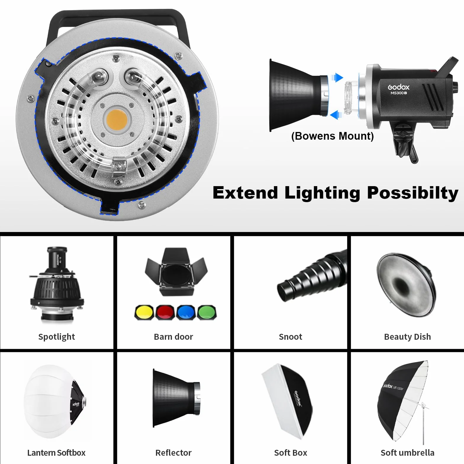 Godox MS300-V 300W Studio Flash 300w Luce Stroboscopica Sistema X wireless 2.4G 0.1-1.8S Tempo di Riciclo 5600±200K con Lampada da Modellazione a LED per Ritratti, Moda e Fotografia Pubblicitaria