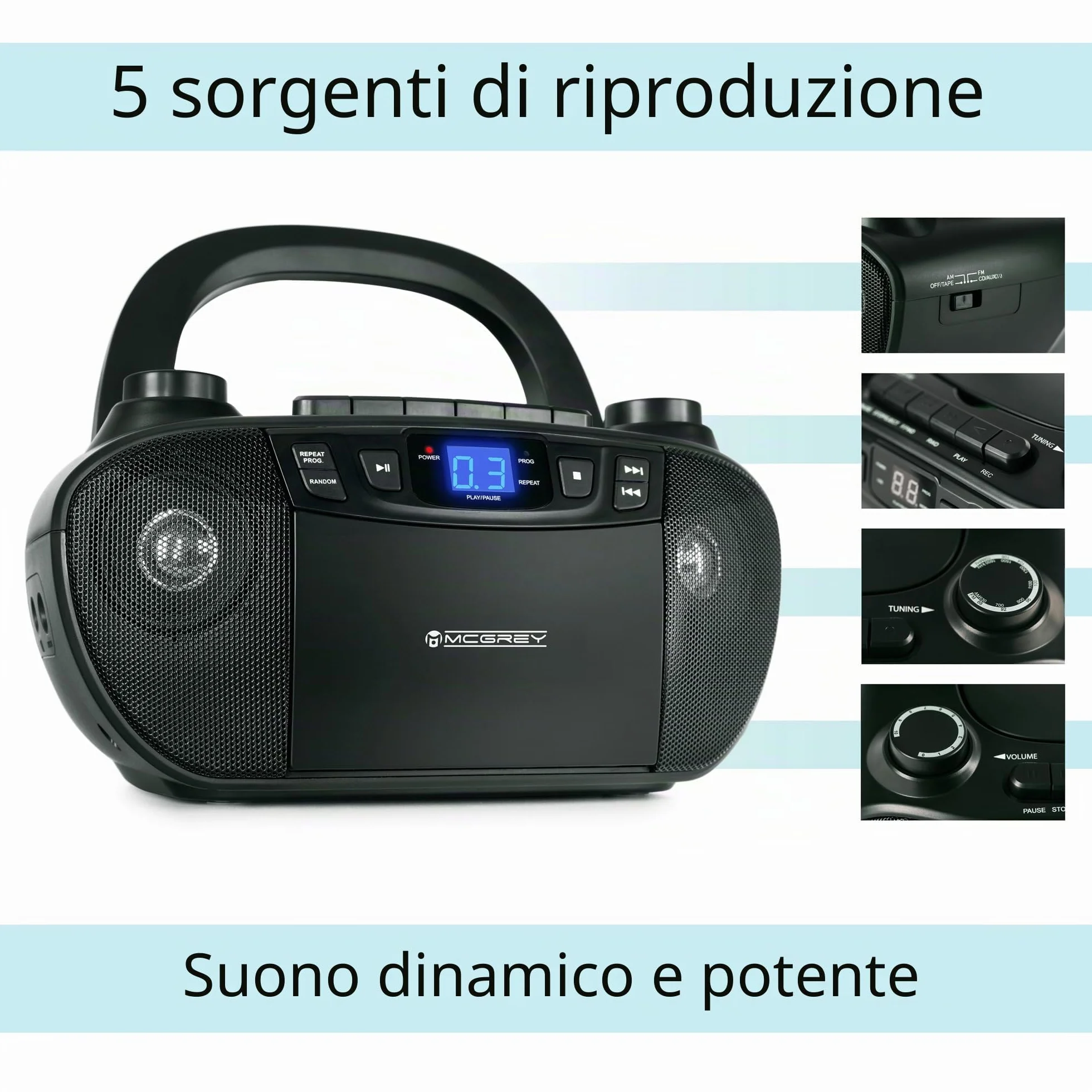 CDB-1016 BK Boombox con cassetta, lettore CD, radio portatile, registratore con ingresso AUX e uscita cuffie - Funzionamento tramite cavo o 6 batterie