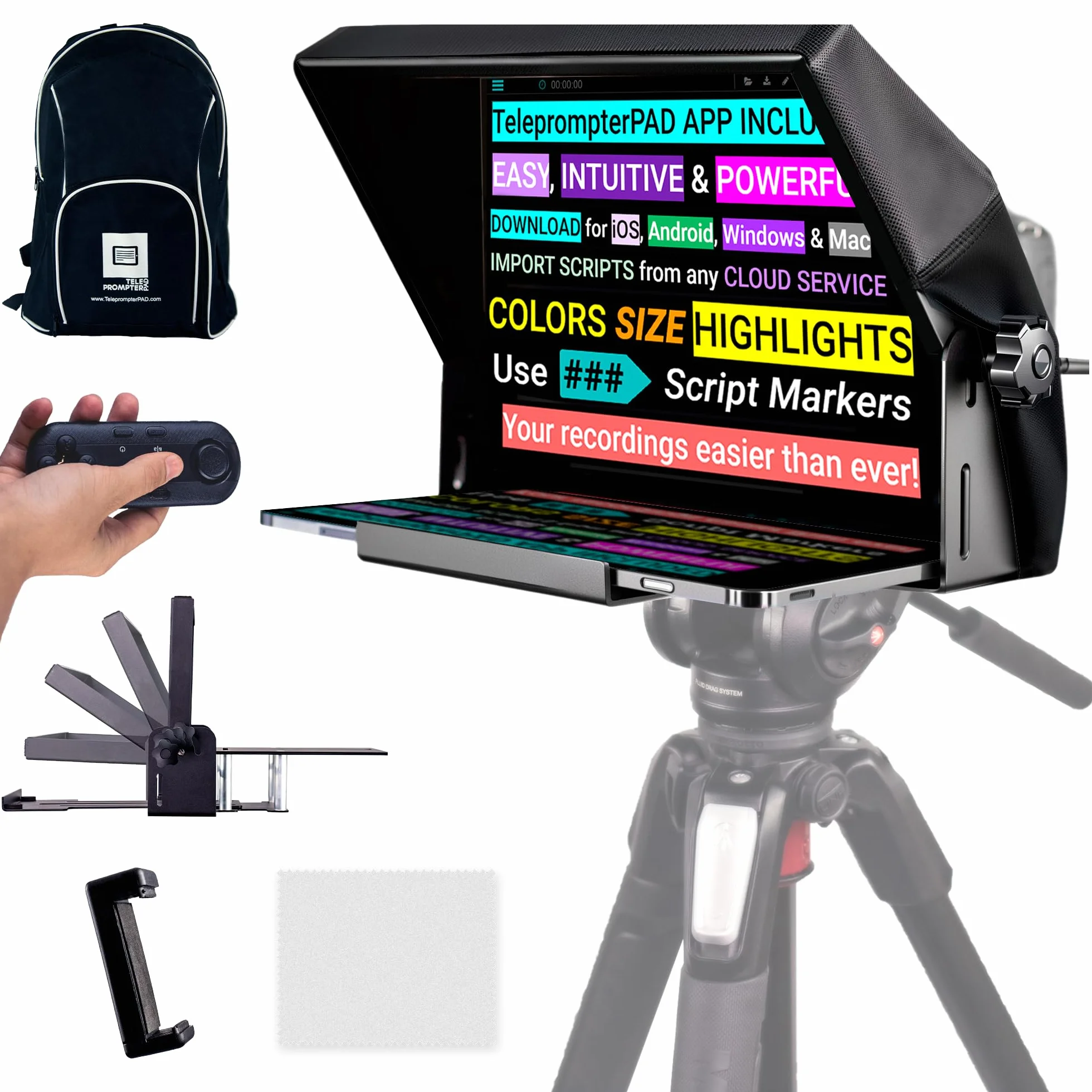 iLight PRO 12" Made in EU - Teleprompter robusto in metallo con telecomando e APP (iOS Android Windows Mac) - Portatile senza assemblaggio compatibile con iPad tablet DSLR smartphone