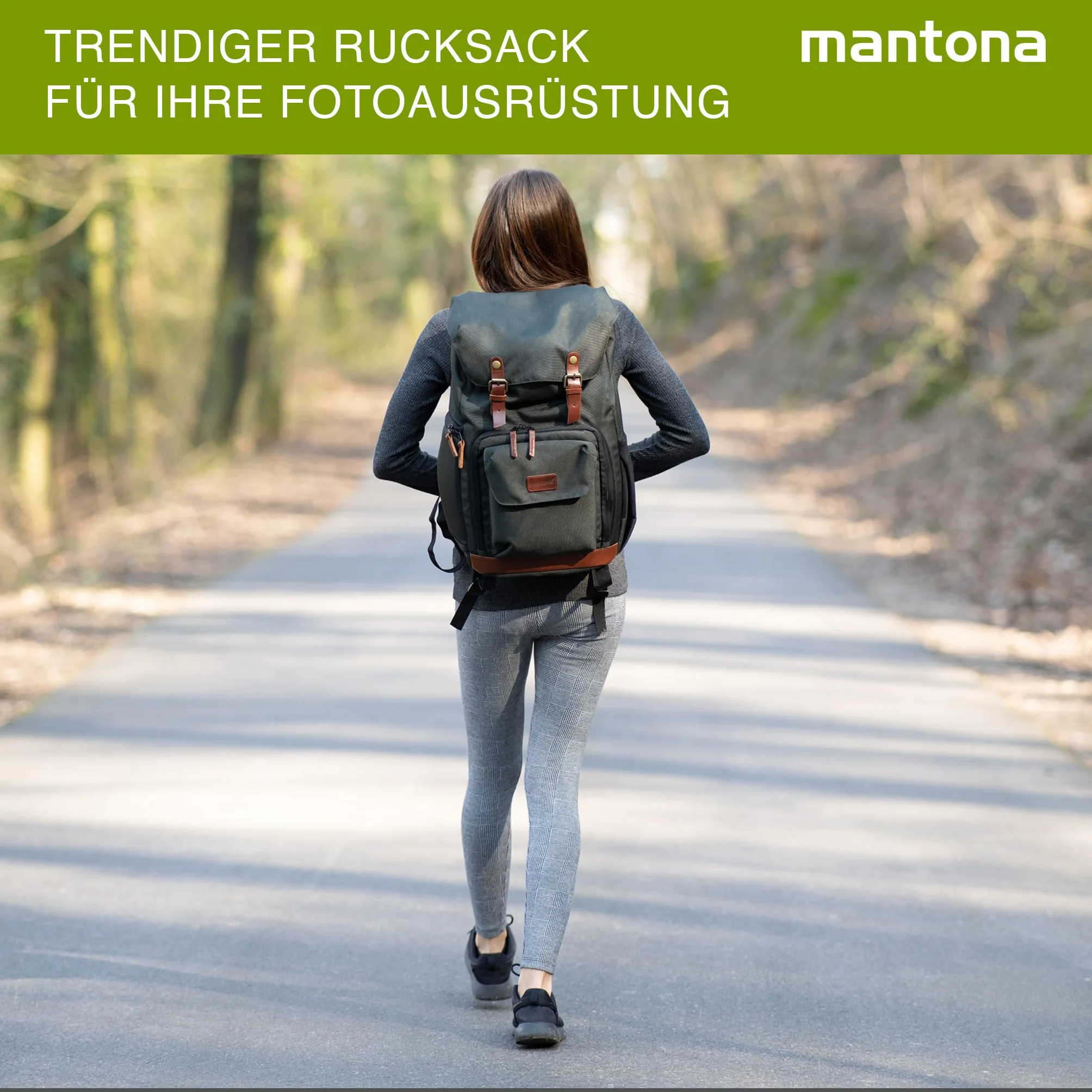 Mantona Luis Retro Zaino fotografico verde, per fotocamera con copertura antipioggia, borsa fotografica con scomparto per laptop, DSLR, 3 obiettivi e accessori fotografici