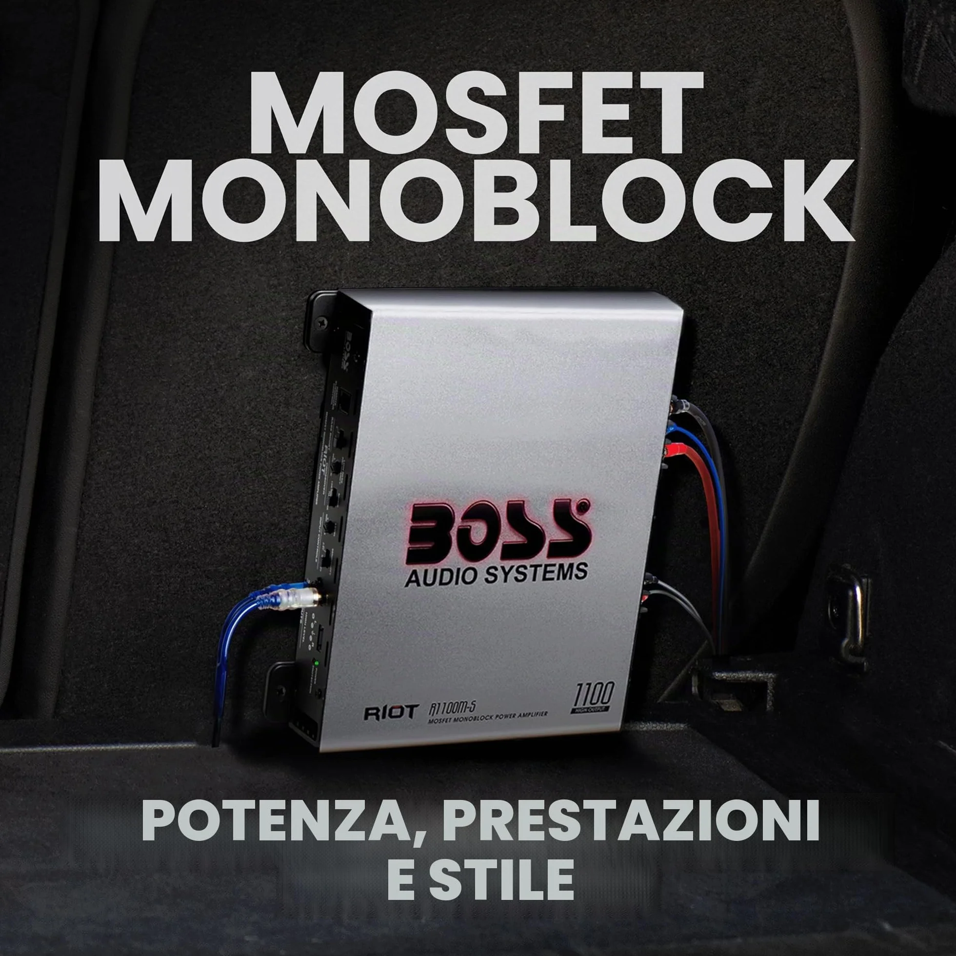 BOSS Audio Systems R1100M-S Riot Series Car Audio Subwoofer Amplificatore - 1100 High Output, Monoblocco, Classe A/B, 2/4 Ohm stabile, Ingressi basso/Alto livello, Crossover passa-basso, Mosfet,