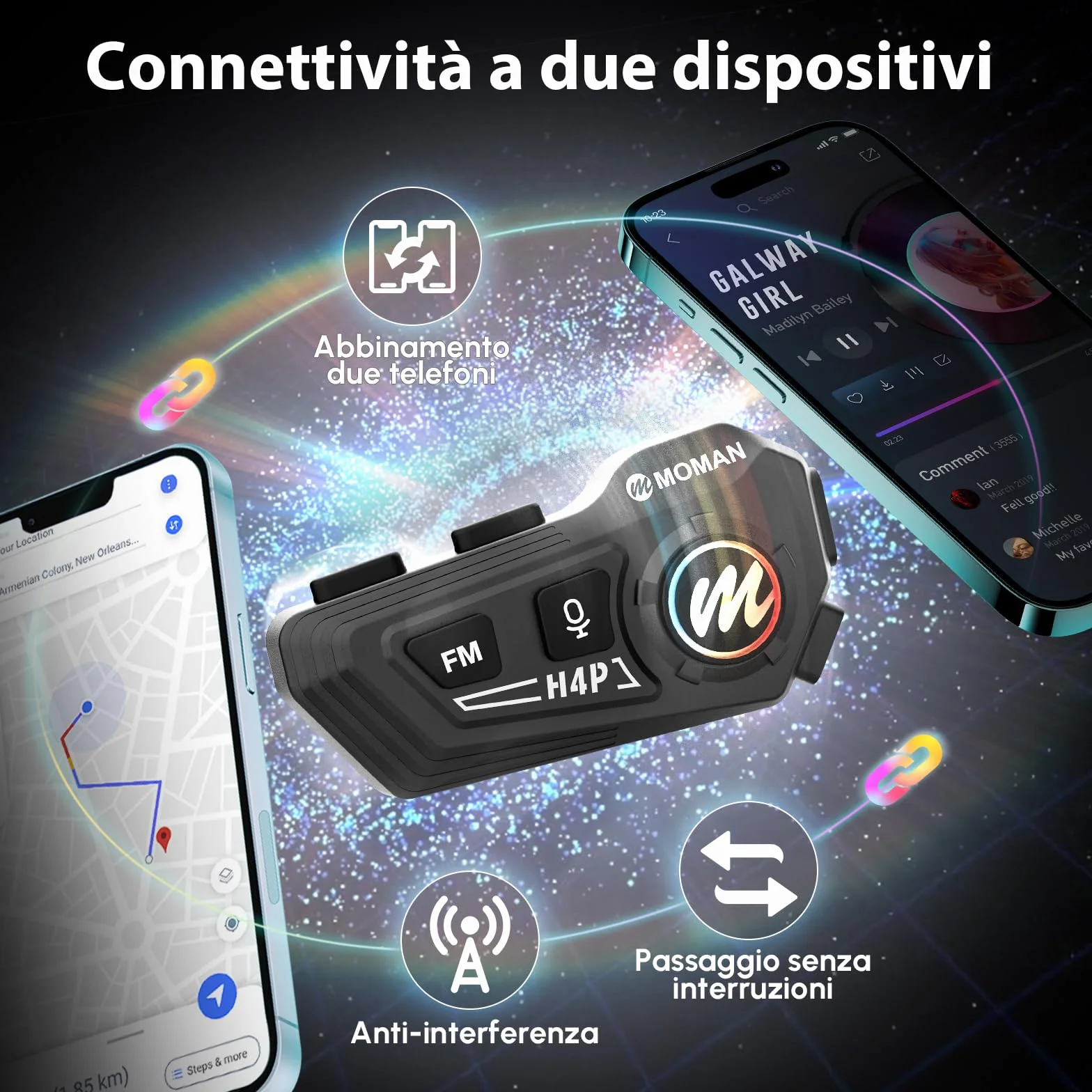 Moman Auricolare Casco Moto-1000mAh Batteria, RS-H4P Cuffie Casco Moto Doppia Riduzione del Rumore con Hi-Fi Microfono Morbida/Dura FM/RGB/IPX6/Controllo Musica/Vocale AI Auricolari Moto Per Singola