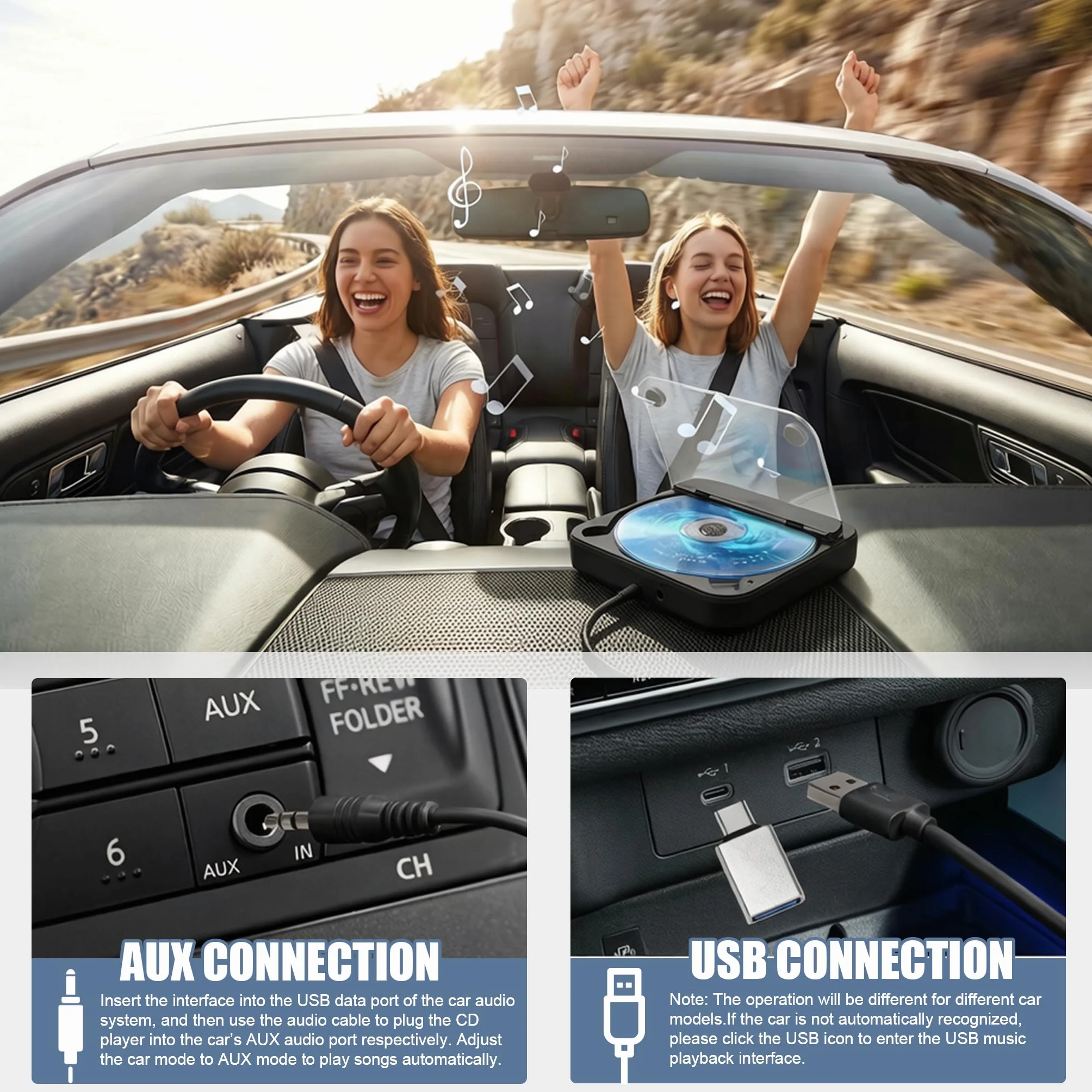 Lettore CD per auto con silicone anti-shock, porta USB, cavo prolunga, nero
