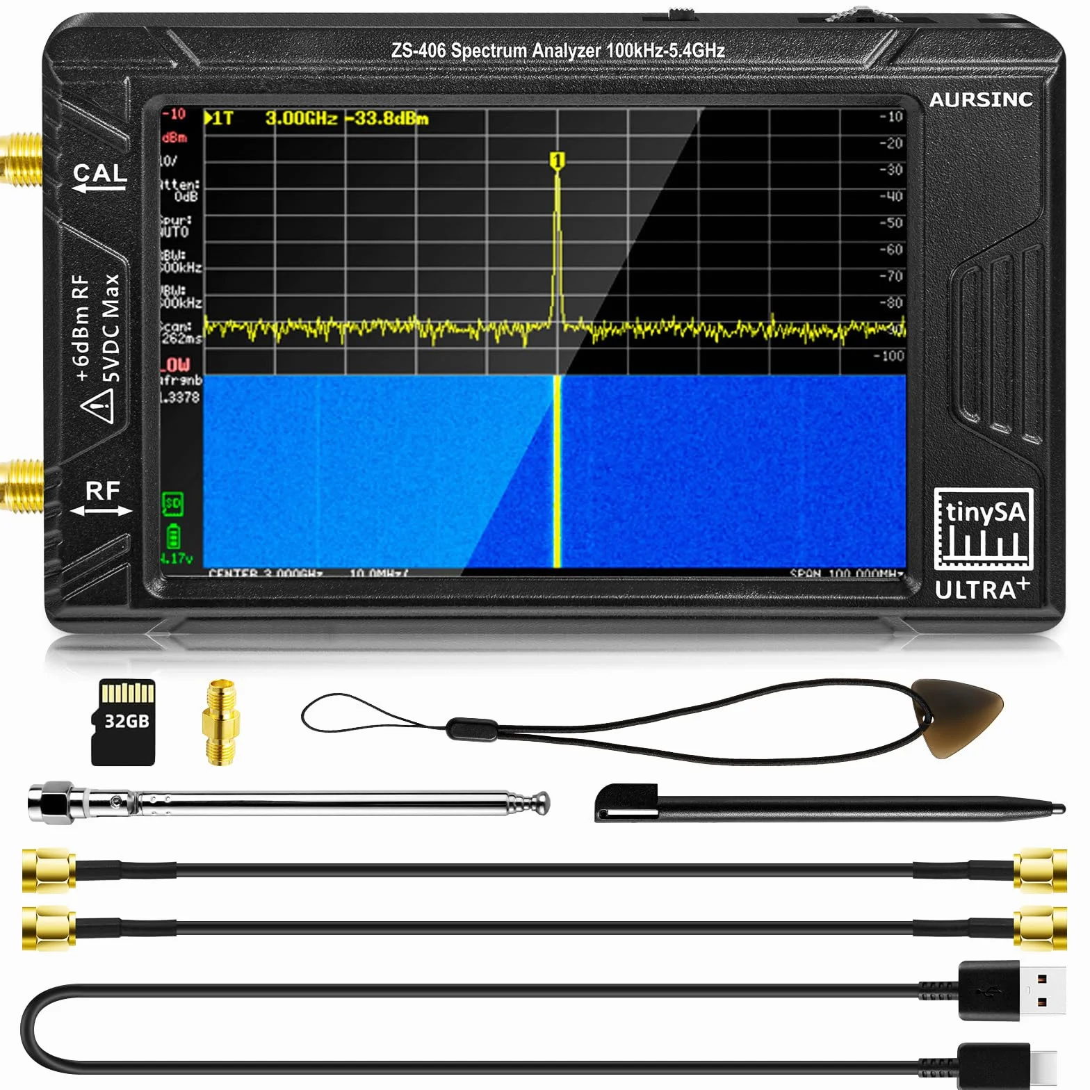 AURSINC 2025 TinySA Ultra+ ZS406 Analizzatore di Spettro, HW V0.4.6 100kHz-5,4GHz 4,0" Analizzatore di Frequenza con Scheda da 32Gb, 2 in 1 Generatore di Segnale 100kHz-900MHz Ingresso UHF MF HF VHF