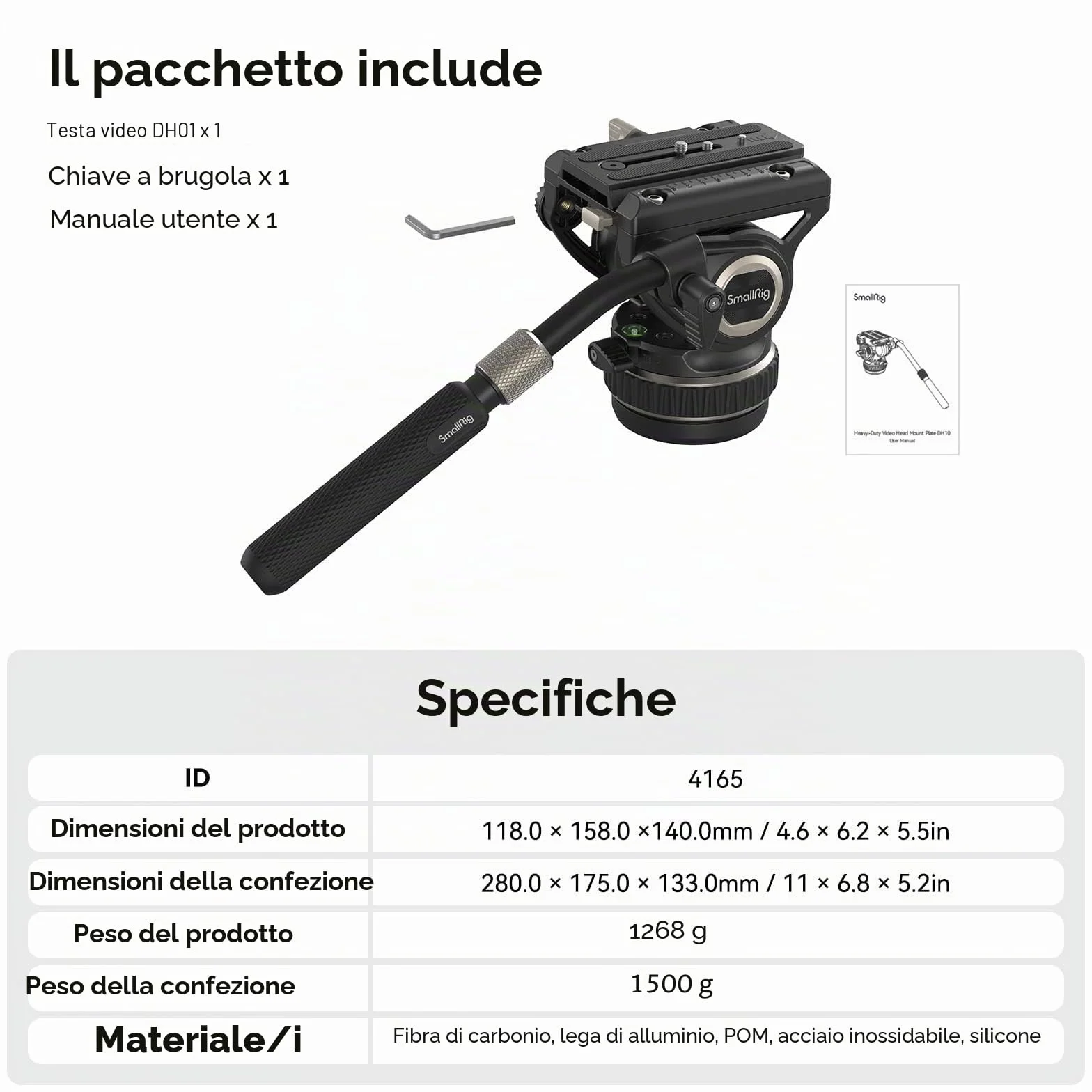 SMALLRIG Testa Video Fluida per Treppiede, Damping Regolabile, Piastra a Sgancio Rapido per Manfrotto e per DJI RS 2 /RS 3 /RS 3 Pro, Carico Massimo Fino a 10 kg/22 Libbre, per Riprese Video - 4165