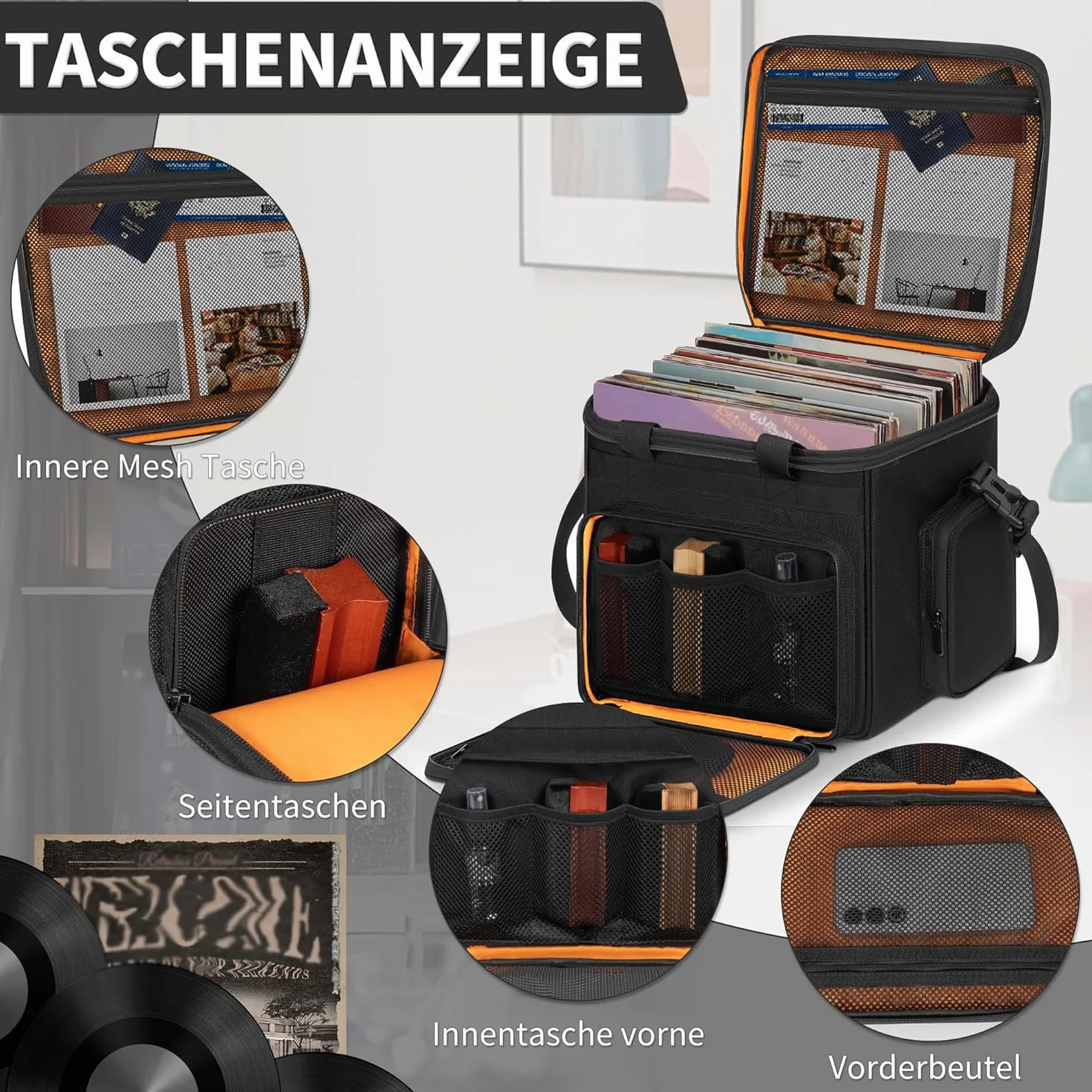 OUUTMEE Borsa per dischi in vinile - Custodia per dischi in vinile resistente all'acqua per album LP da 7/10/12 pollici, con capacità di 90-110 LP - Custodia LP con divisori rimovibili per