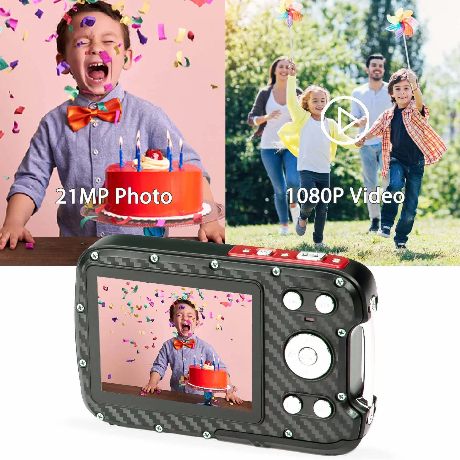 GDC8026 Fotocamera digitale impermeabile/Zoom digitale 8x / 21 MP/FHD 1080P /Schermo LCD TFT da 2,8"/ Telecamera subacquea per bambini/Adolescenti/Studenti/Principianti/Anziani (Rosso)